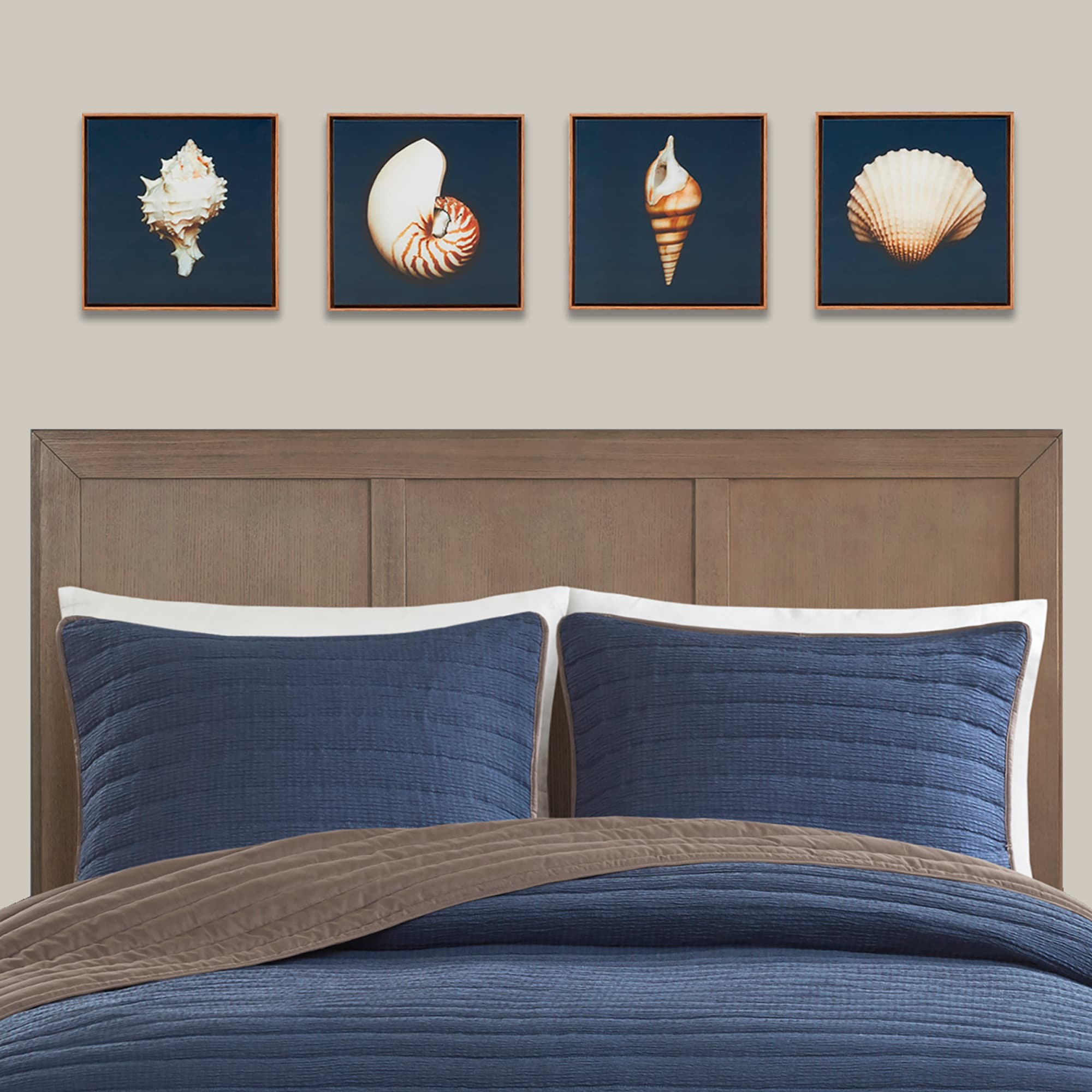 Navy Blue Coastal Seashells Framed Canvas Set of 4