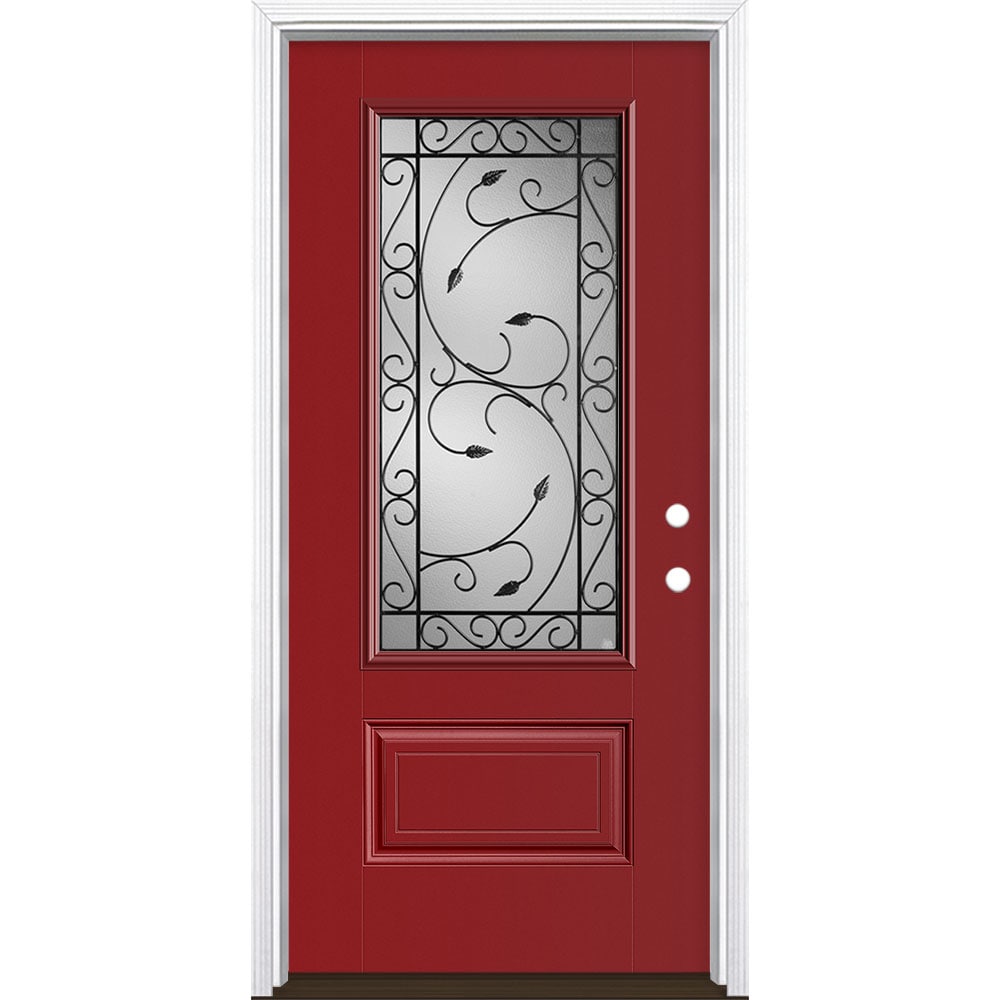 Masonite 3422497 Pergola 36-in x 80-in x 4-9/16-in Fiberglass 3/4 lite Left-hand inswing Roma Red Painted Prehung Front Door with Brickmould Insulating core