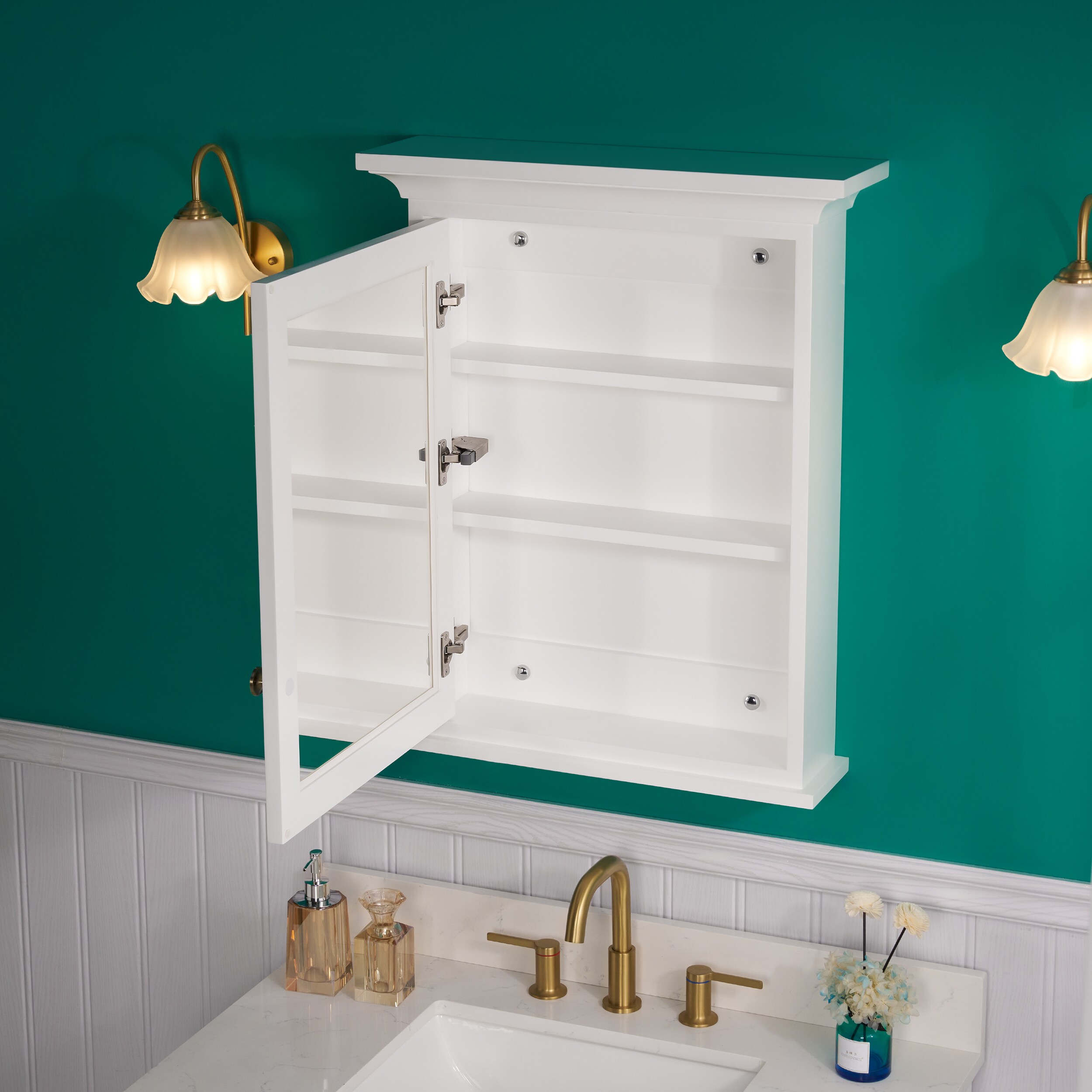 Forclover Solid Wood 24-in x 30-in Lighted Surface Mount White Mirrored Soft Close Medicine Cabinet