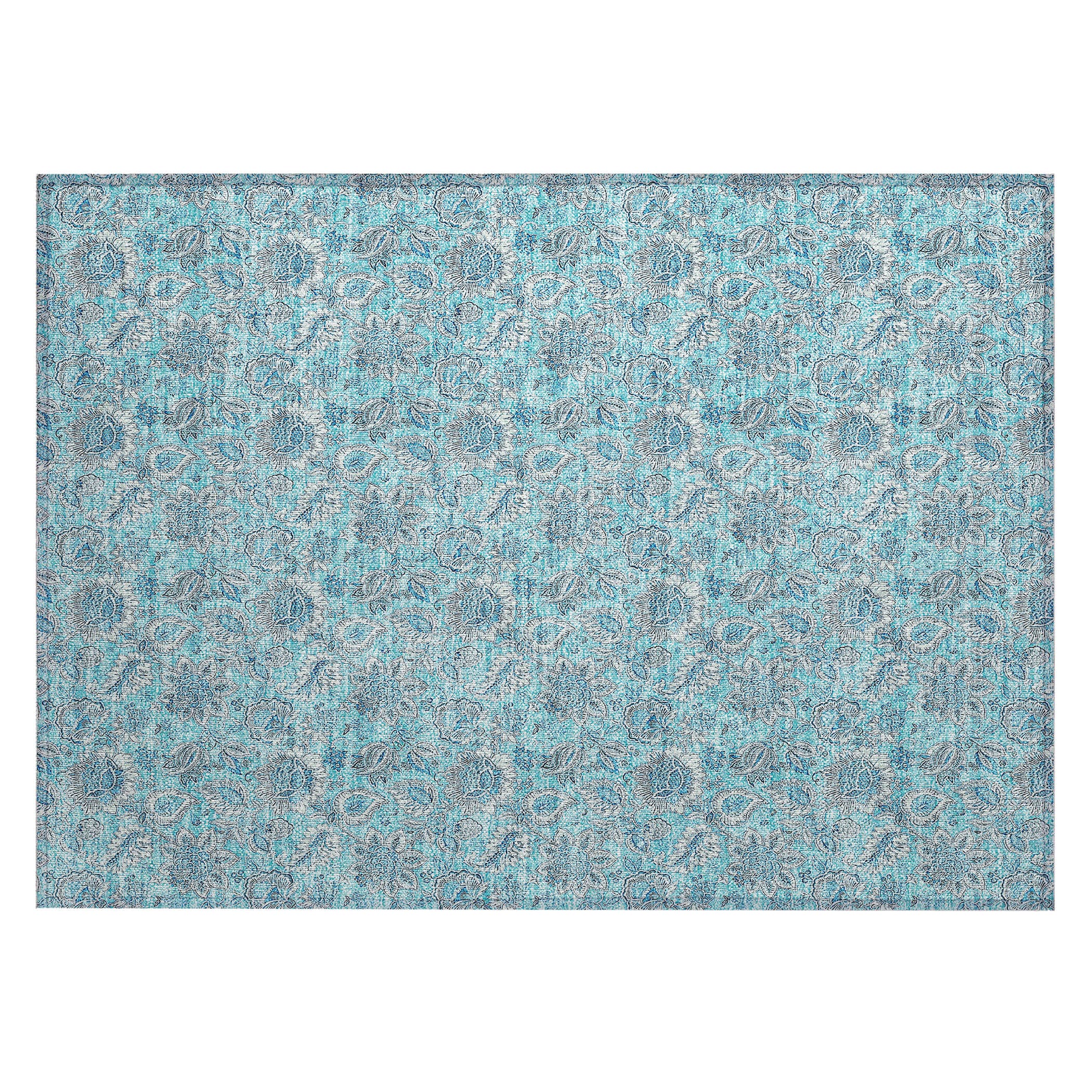 Aqua Floral Synthetic Rectangular Machine Washable Rug 1'8" x 2'6"