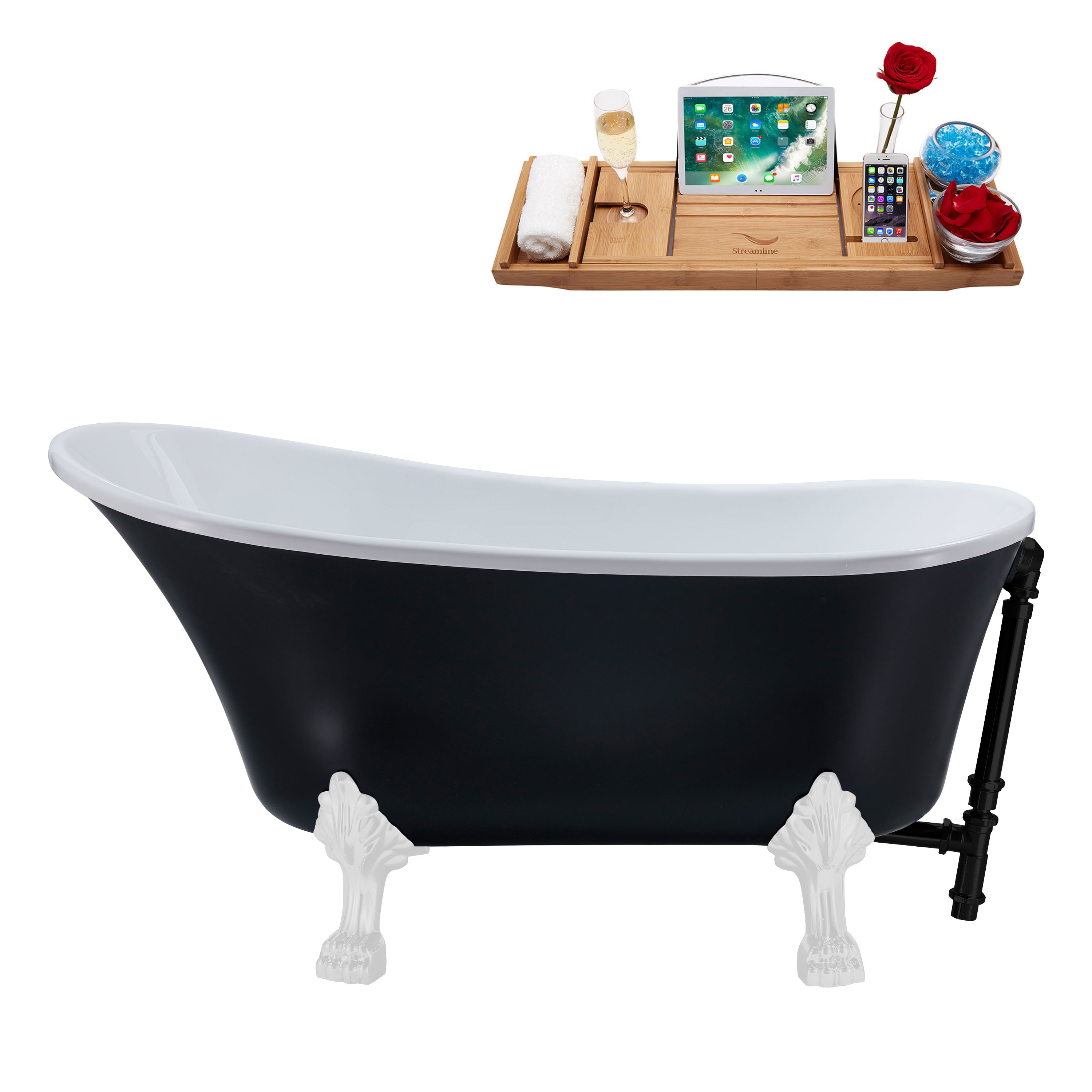 Streamline N357WH-BL 26.8-in x 55.1-in Matte Black Acrylic Oval Clawfoot Soaking bathtub with Drain ( Reversible Drain )