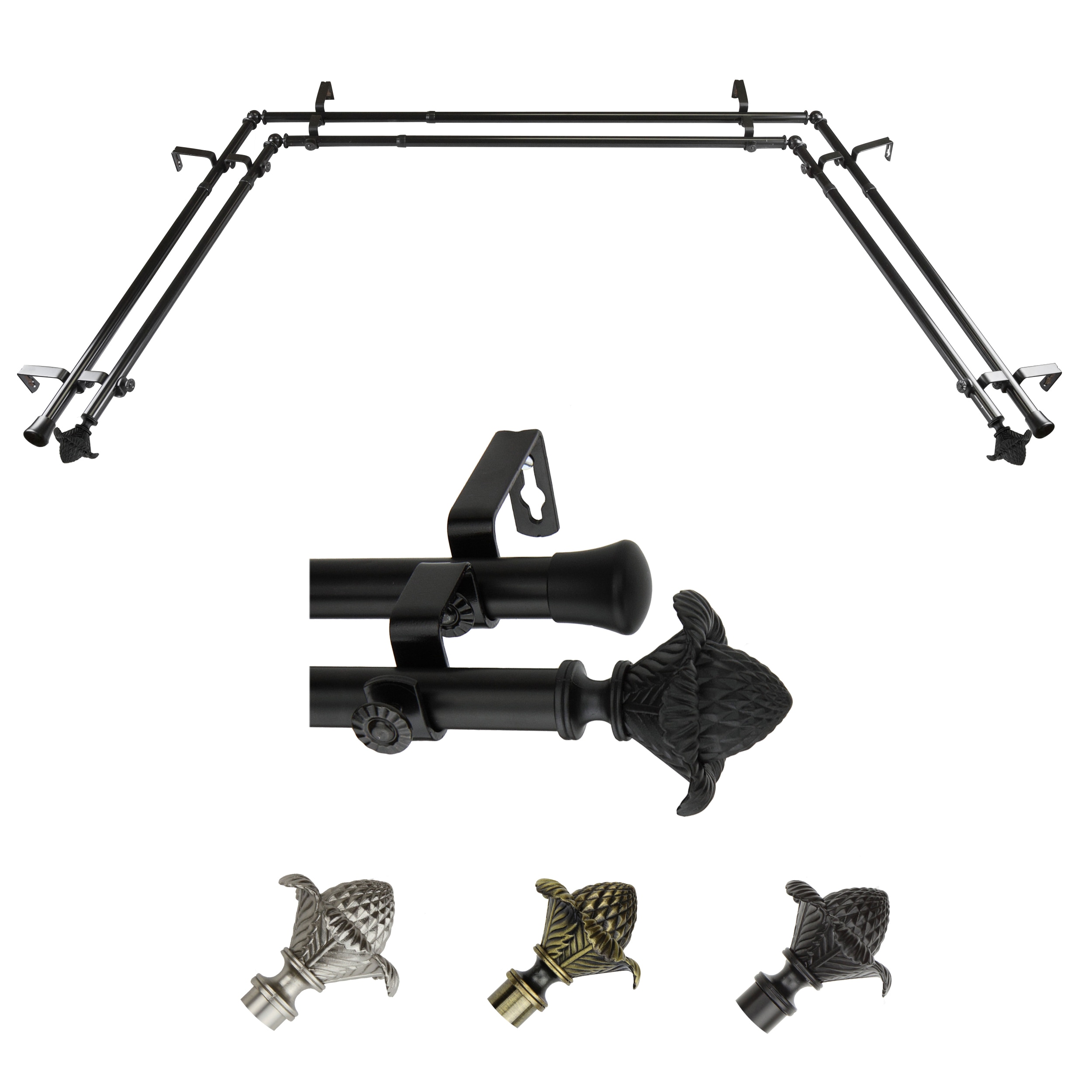 Hart & Harlow LO-ABAY-40-2D 72-in to 144-in Black Steel Bay window curtain rod with Finials