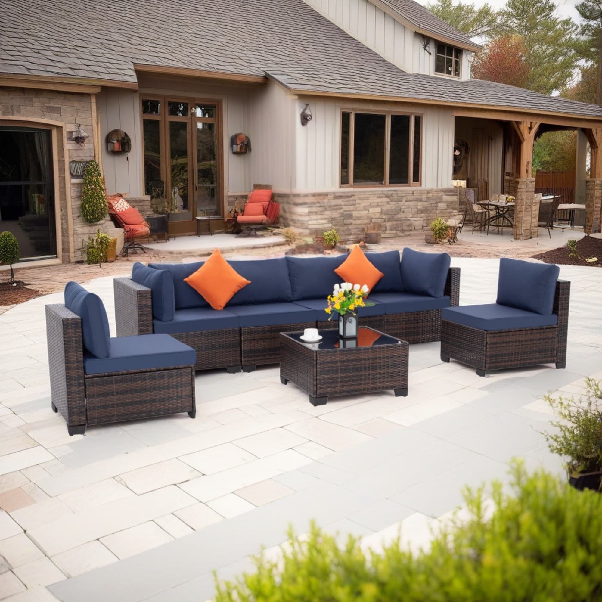 EarlGrove LS-F5784-BL01567 7 -Piece Wicker Patio Conversation Set with Blue Cushions