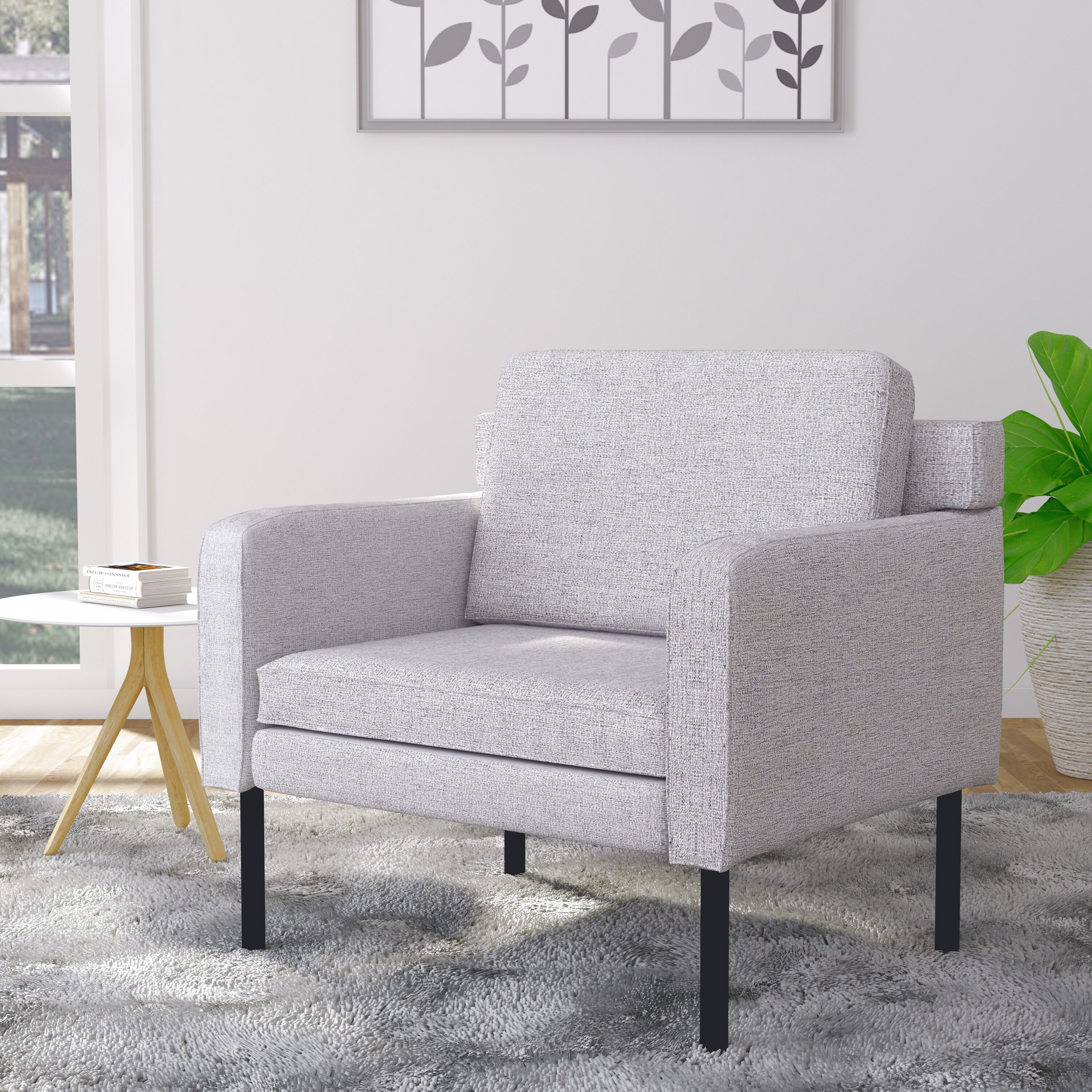 Modern Poly-Linen Weave Black Wood Accent Chair with Gray Cushions