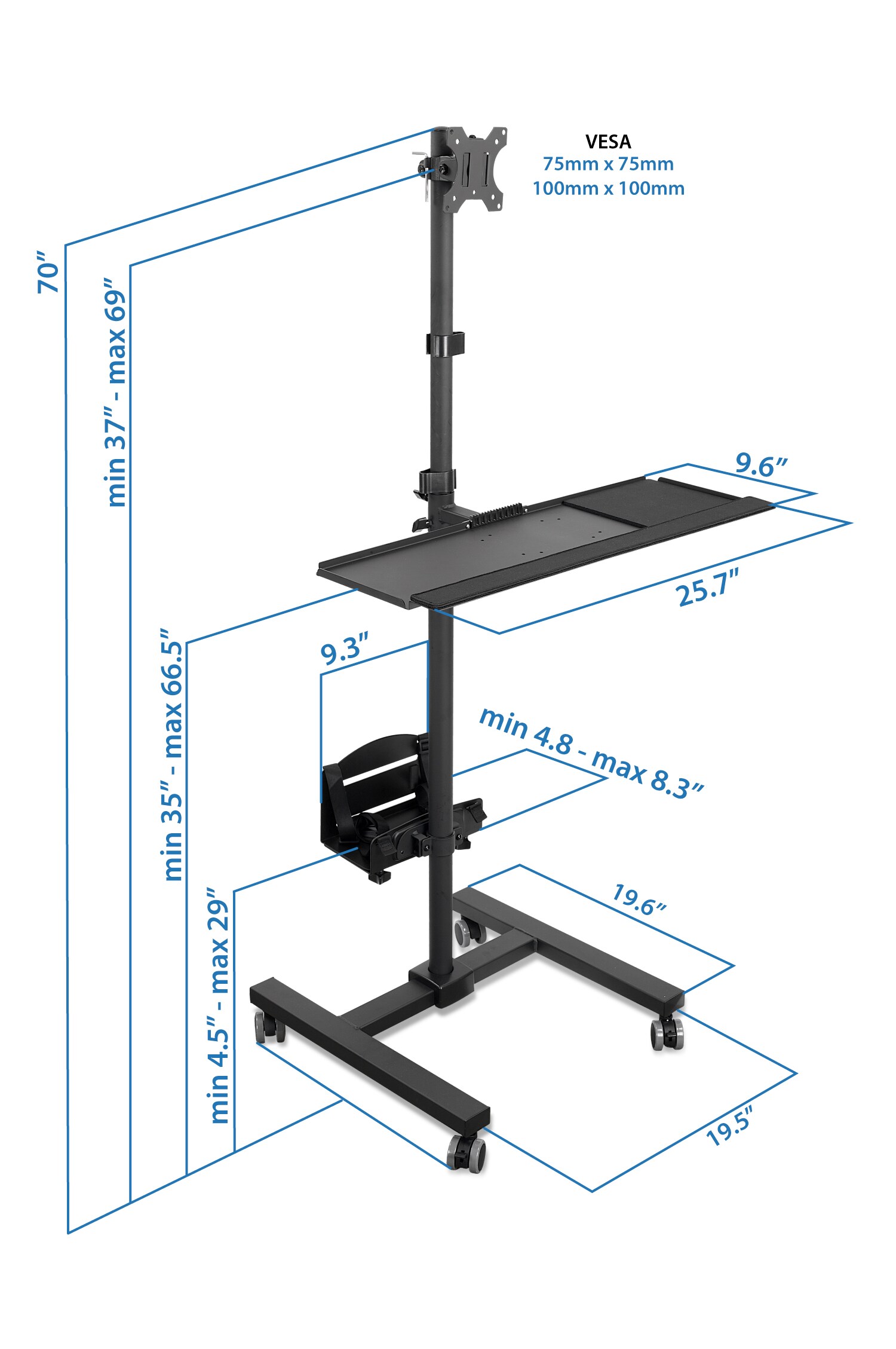 Black Height Adjustable Mobile Computer Cart with Monitor Mount and CPU Holder