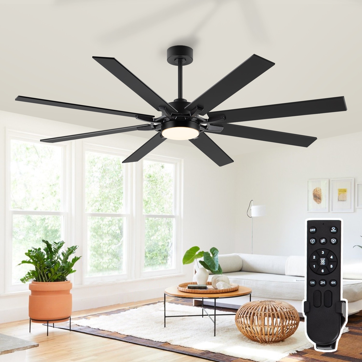 Breezary 24023-GW Modern 72-in Color-Changing Integrated LED Matte Black with Black and Dark Red Walnut Blades Ceiling Fan With Light - Remote Included ( 8 -Blade )