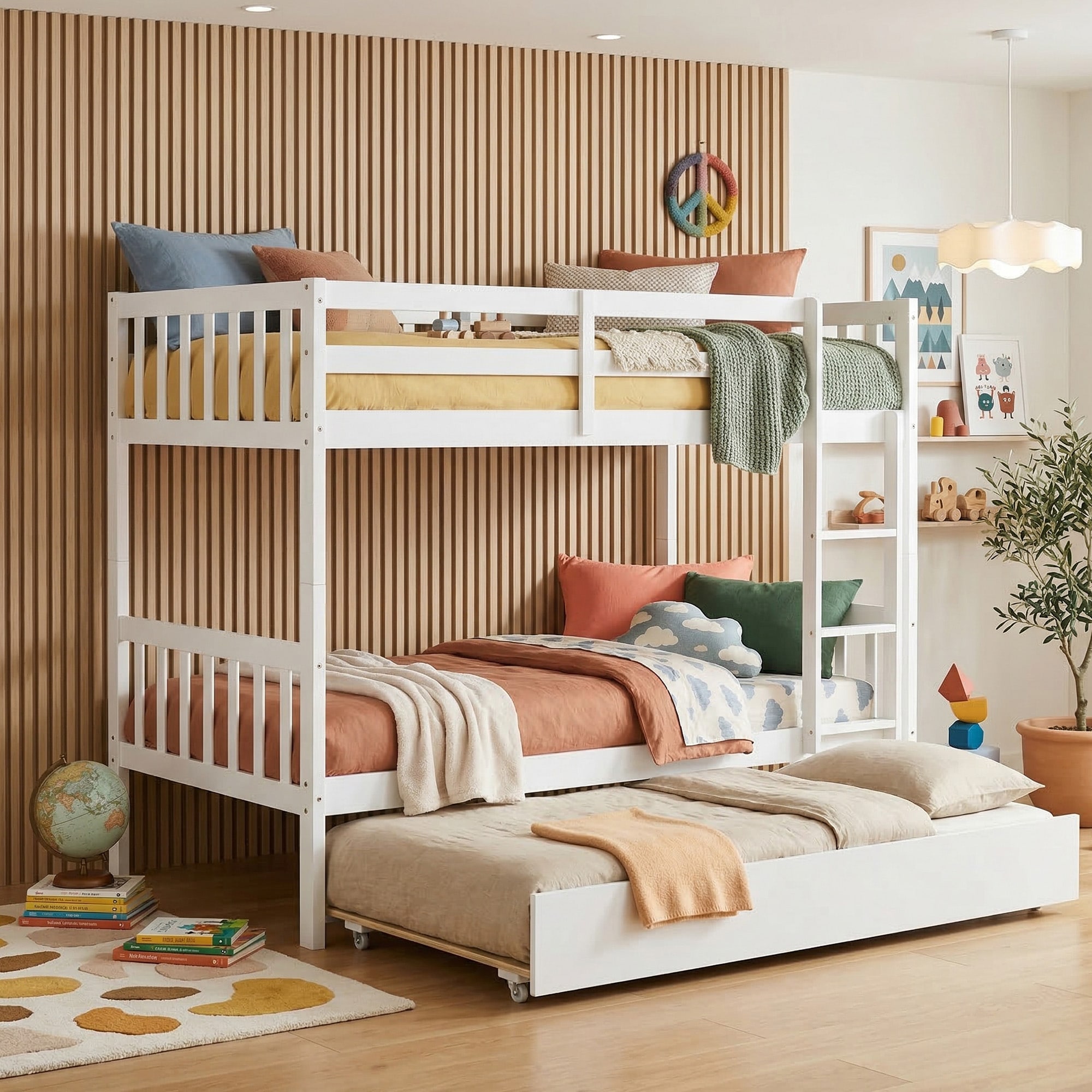 Vecelo Twin Over Twin Bunk Bed with Trundle Convertible to Two Separate Twin Beds Rubber Wood Kids Bed Frame White