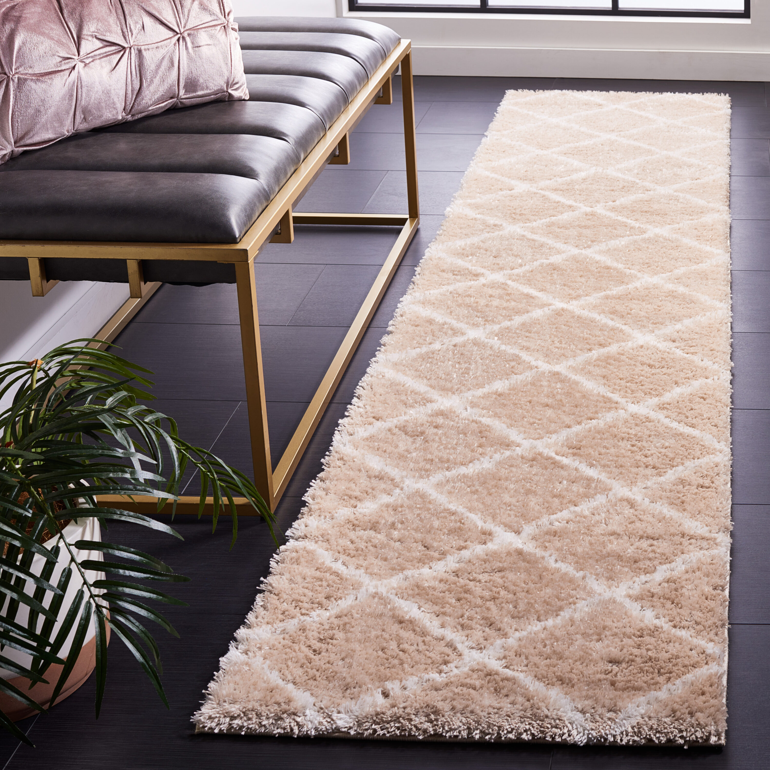 Beige and White Geometric Shag Runner Rug 2' x 9'