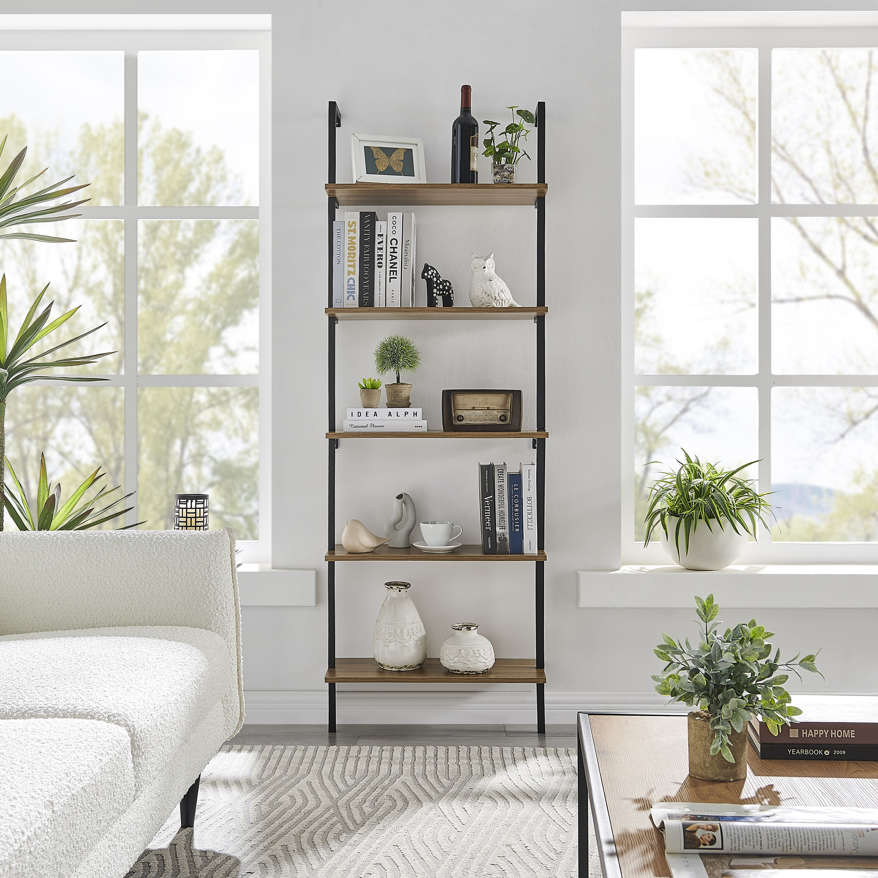 Danya B. GH22085WN 9.875-Inches L x 23.625-Inches D x 68.5-Inches H Black/Light Walnut MDF Rectangular Tiered shelf 5 Decorative Shelves