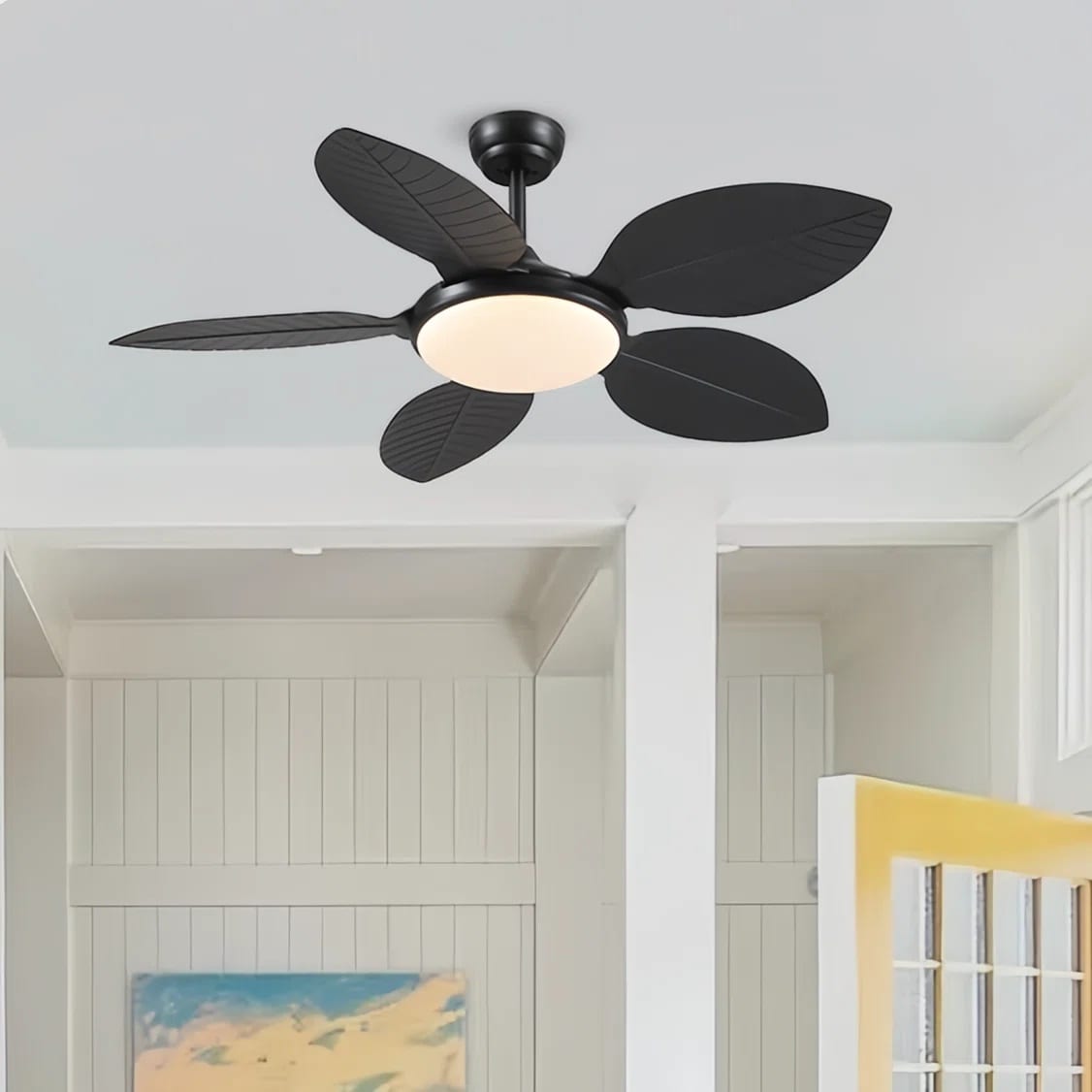 Kviflon  48 in Black Vintage Ceiling Fan with Light Chandelier Style Quiet Motor 5 Palm Leaf Blades Remote and App Control Adjustable LED for Living Room Cafe Hotel and Restaurant