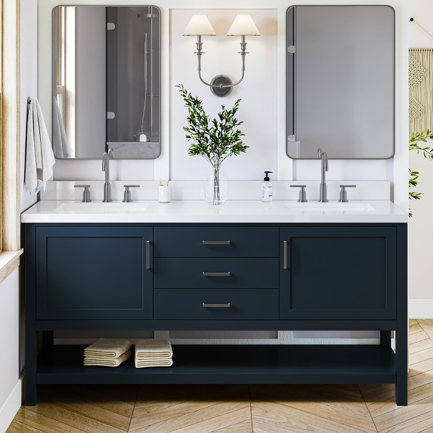 ARIEL R073DWQRVOMNB Bayhill 73-in Midnight Blue Undermount Double sink Bathroom Vanity with Pure White Quartz Quartz Top