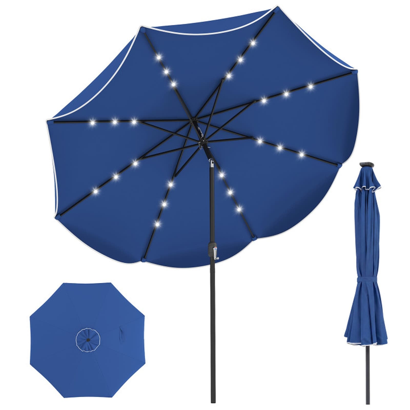 SUGIFT - 10-ft Navy Scalloped Solar Patio Umbrella with 24 LED Lights and 30-Degree Tilt