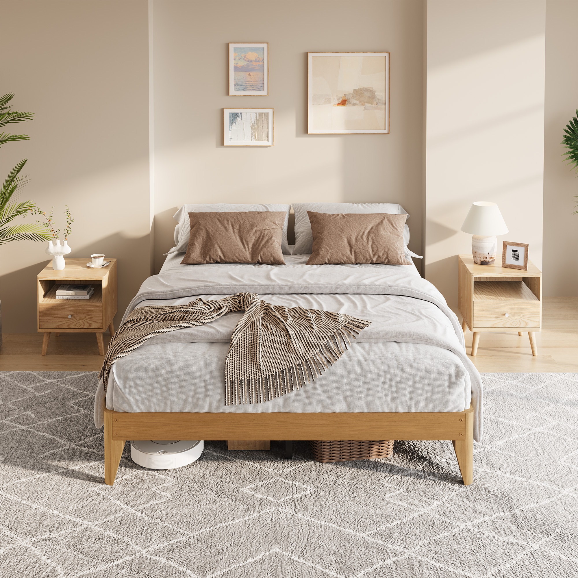 IdealHouse Queen Size Wood Platform Bed Frame Wooden Slats Support Sturdy Metal Central Structure No Box Spring Needed Easy Assembly Natural Wood