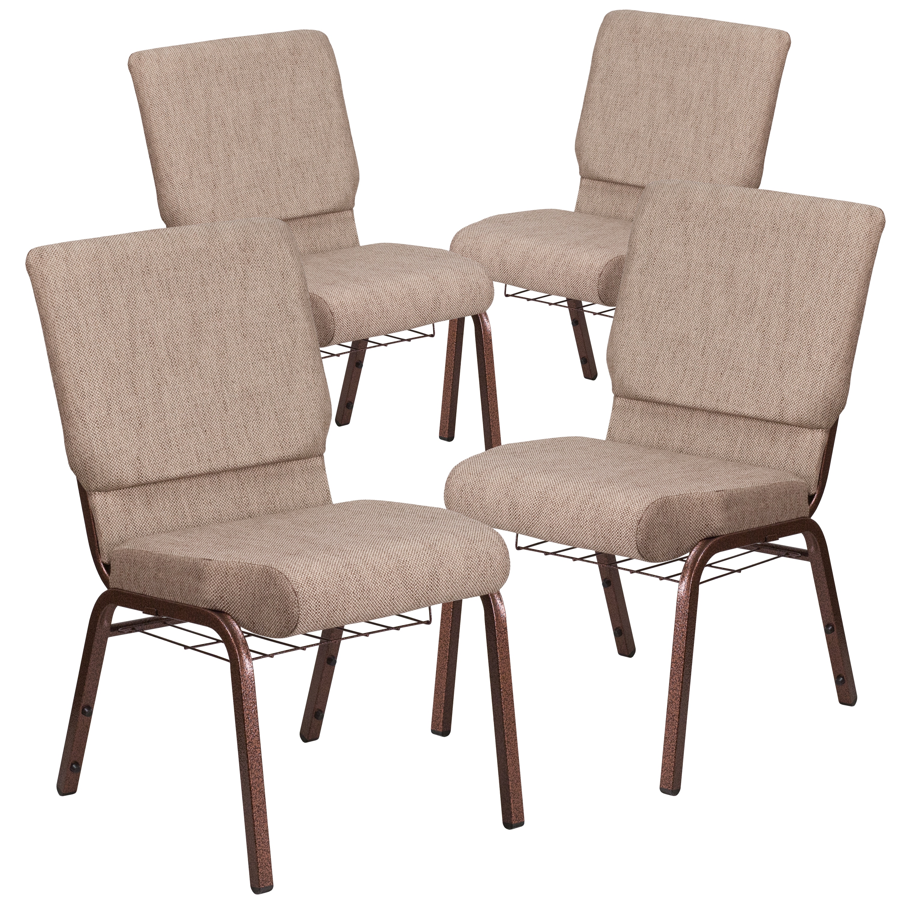 Flash Furniture 889142080718 4 Pack HERCULES Series 18.5-in W Church Chair in Beige Fabric with Book Rack - Copper Vein Frame