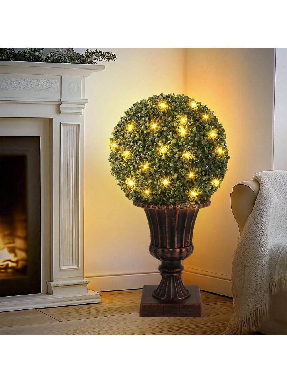 Qeetex PHO-16ICAWGB-HF4 Red 16Inchartificial Plant Topiary Ball-Pre Lit Artificial Topiary Plant With Lights-Timer And Remote Control-Artificial Outdoor Porch Trees With Light Base For Outdoor Indoor