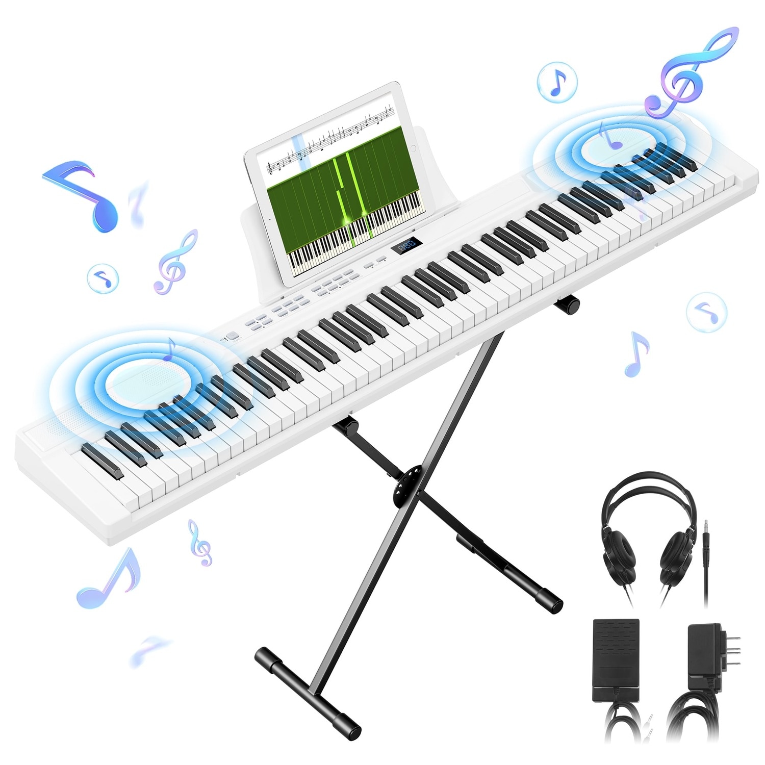 SUGIFT 88-Key Semi-Weighted Digital Piano Keyboard with Stand Sustain Pedal Headphones and Carrying Case 128 Tones 128 Rhythms 80 Demo Songs Bluetooth MIDI Dual Keyboard Mode White #LW102SUGZY0128