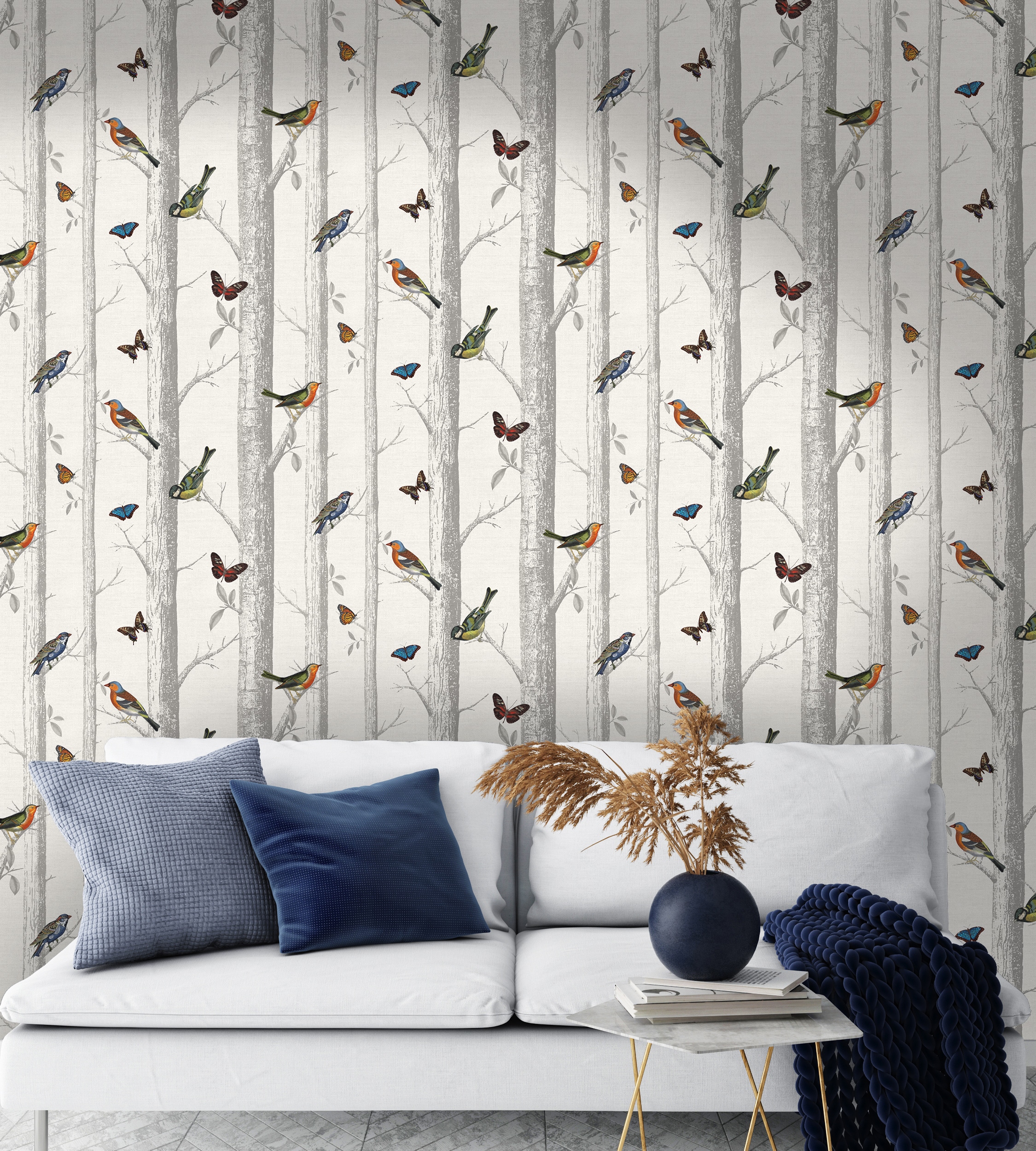 White and Gray Birds and Butterflies Wallpaper
