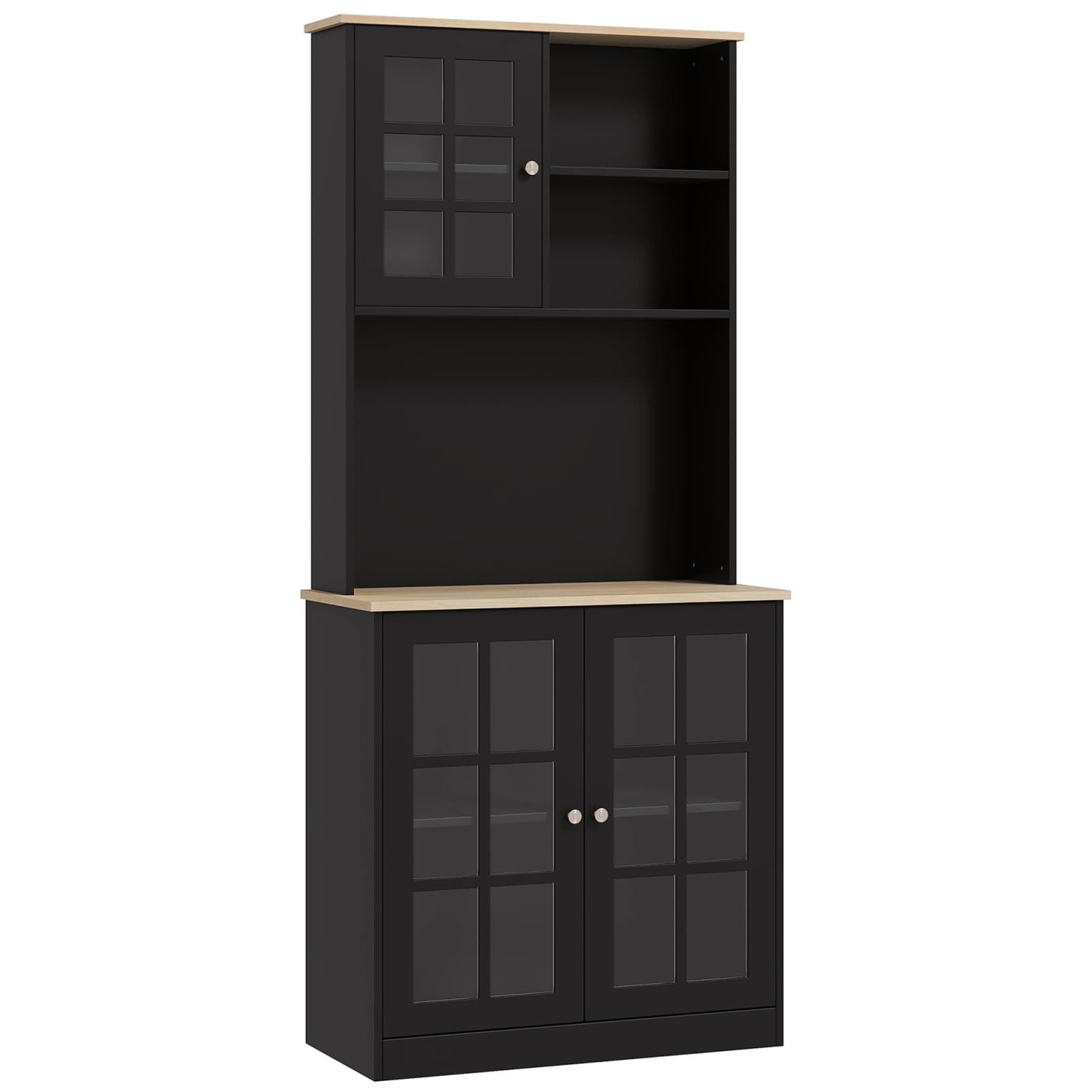 CHITA Minimalist Modern Wood Pantry Cabinet with 2 Adjustable Shelves Glass Doors Freestanding for Kitchen and Pantry Storage Black