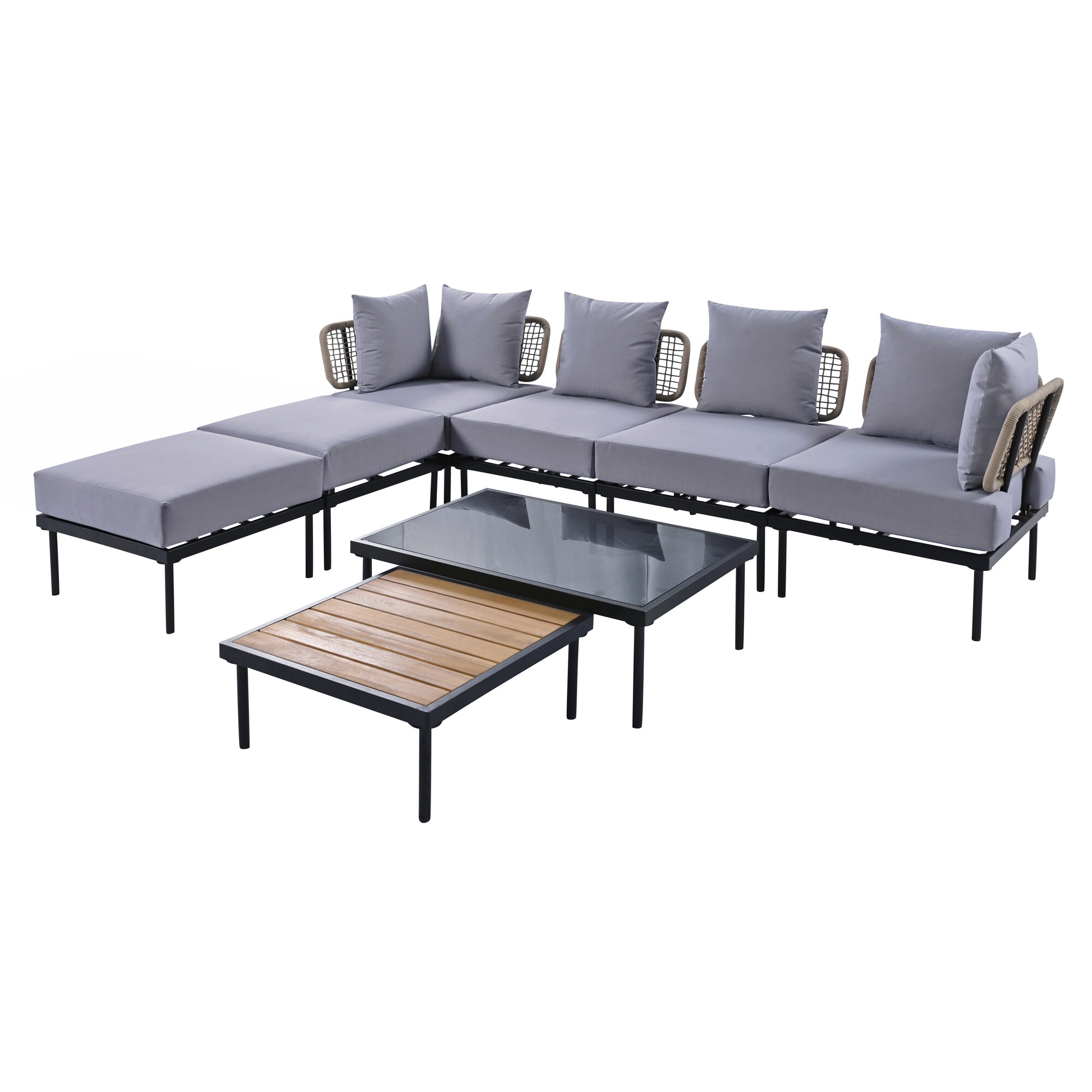 8-Piece Light Grey Steel Patio Sectional Sofa Set with Cushions