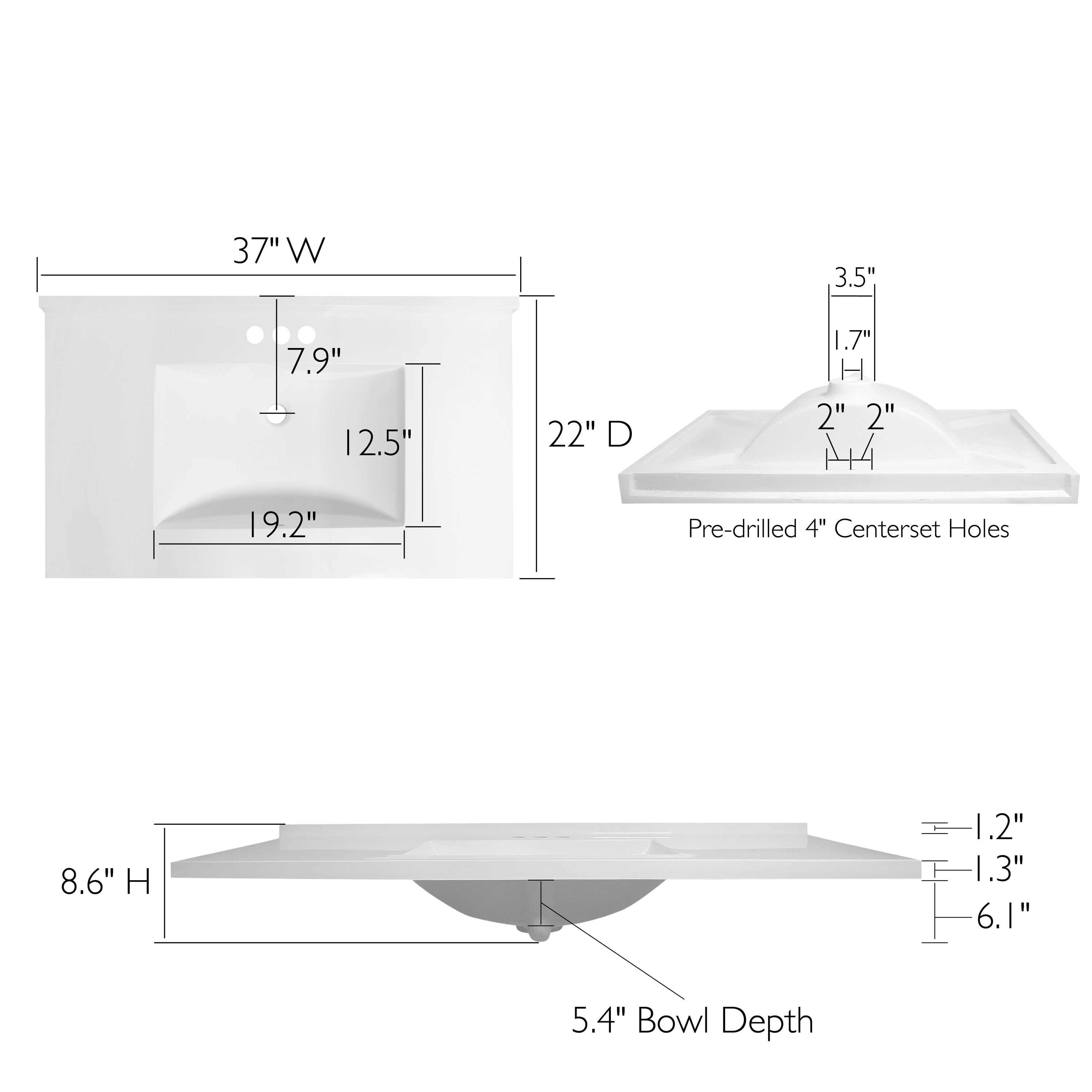 37-Inch White Cultured Marble Vanity Top with Backsplash