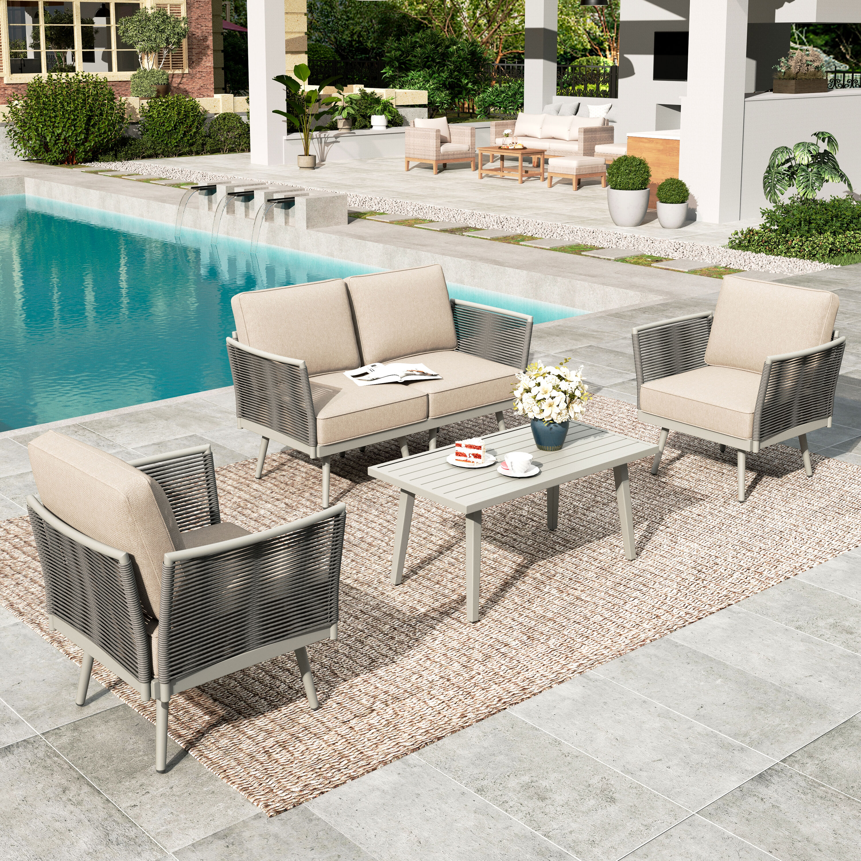 Sunshine Valley CR016-1-4 Patio Conversation Sets 4 -Piece Wicker Patio Conversation Set with Tan CUSHION PRO Cushions