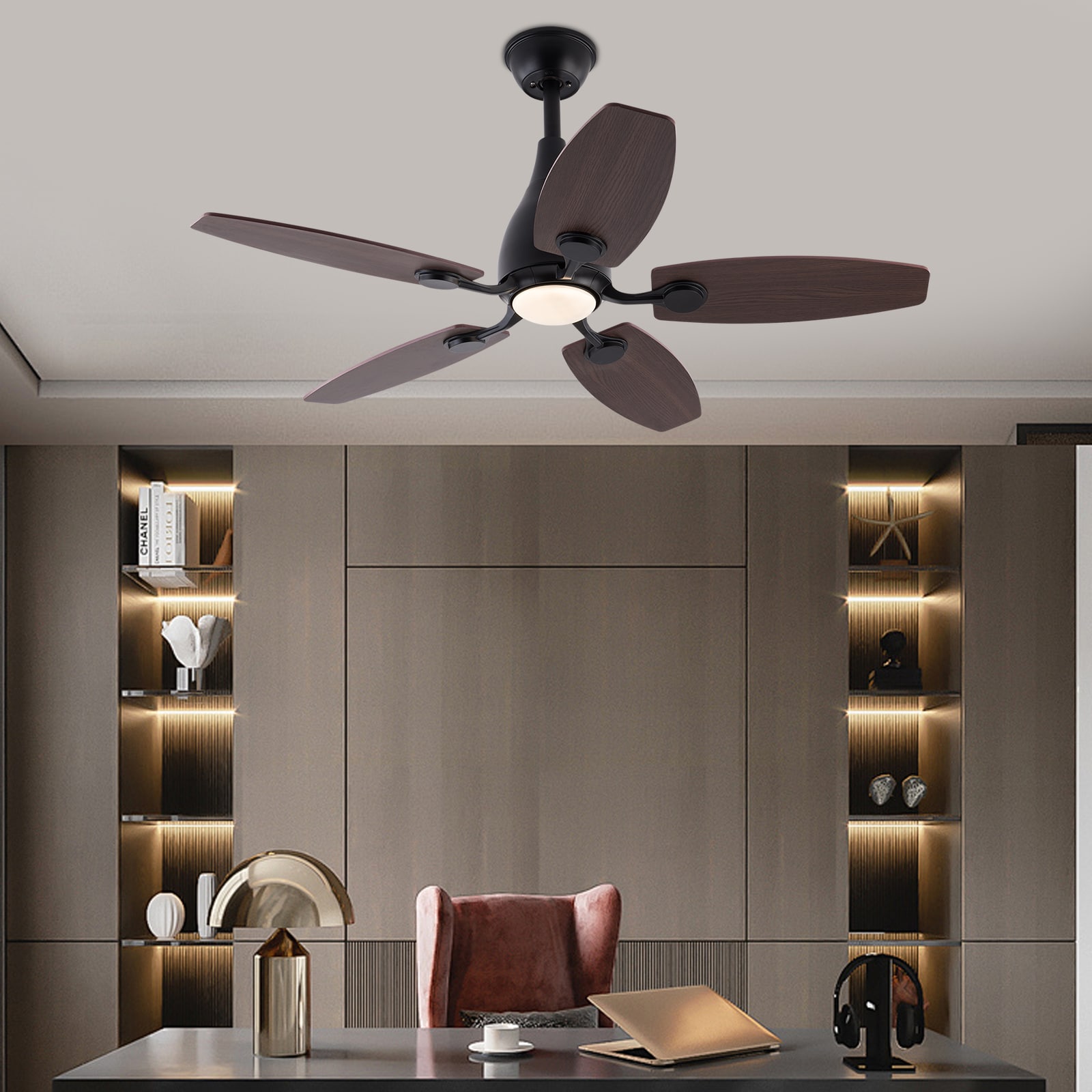 Oukaning JZUCOD-00570099 42-in Color-Changing Black and Walnut Brown with ABS Blades Fandelier Ceiling Fan With Light and Remote ( 5 -Blade )