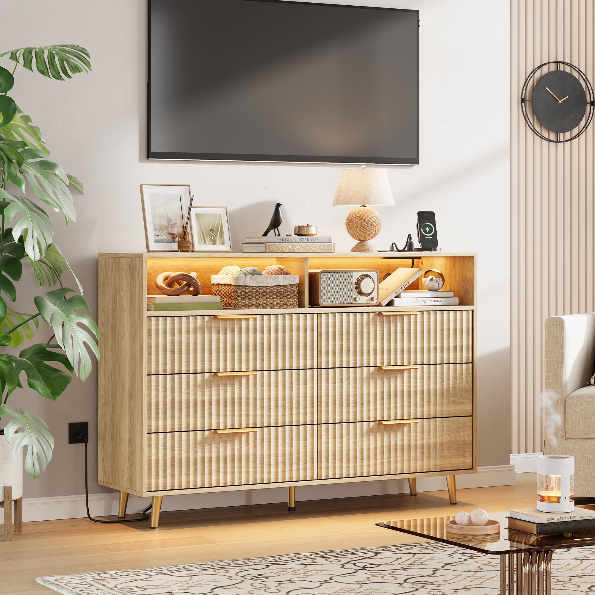 IdealHouse 47.2 Inch Wide 6 Drawers Dresser with LED Lights and ...