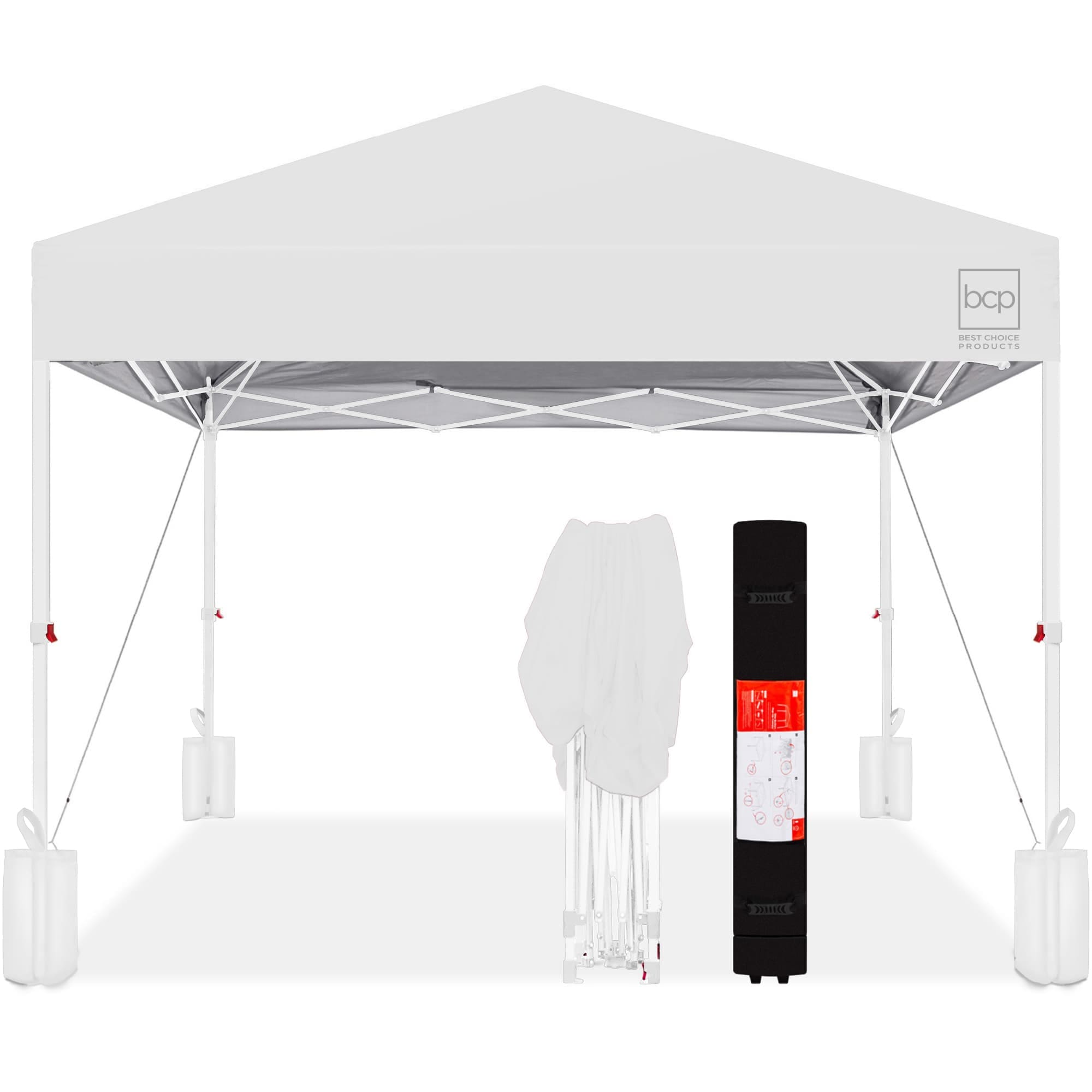 Best Choice Products SKY9672 8x8ft Easy Setup Pop Up Canopy w/ 1-Button Setup Wheeled Case 4 Weight Bags - White/White