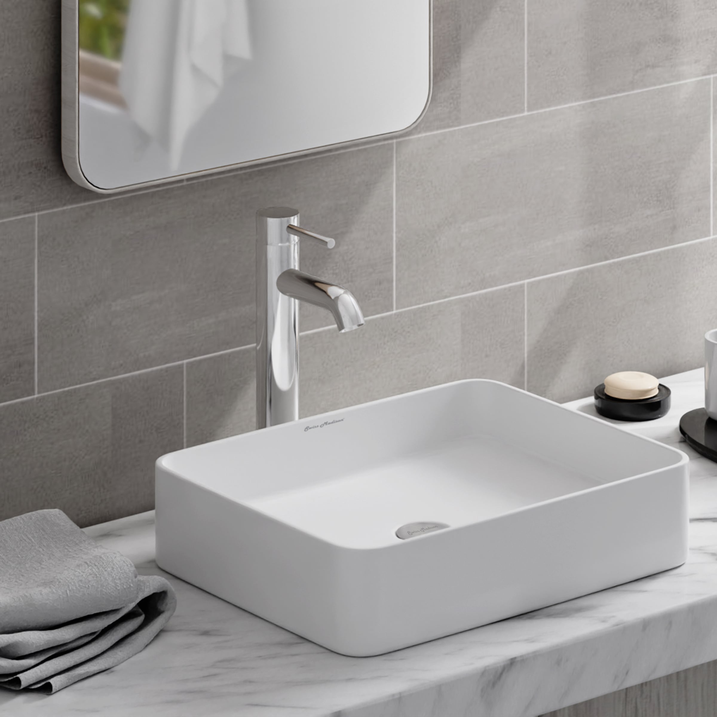Swiss Madison SM-25-VSBAS08WH Bastille Ceramic Vessel Rectangular Modern Glossy White Bathroom Sink ( 15-Inches x 19-Inches )