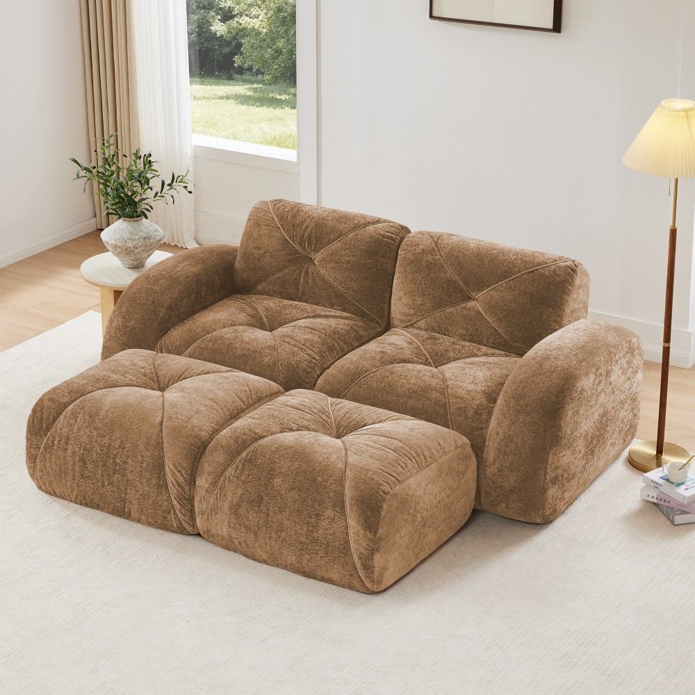 Coolbibila 80-in Camel Velvet U-Shaped Tufted Floor Sofa with 2 Ottomans Frameless Bean Bag Cloud Couch No Assembly one_size in Brown