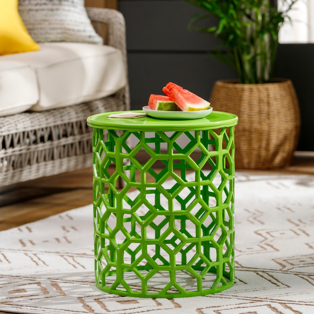 Hale Round Lime Green Metal & Glass Lattice Side Table