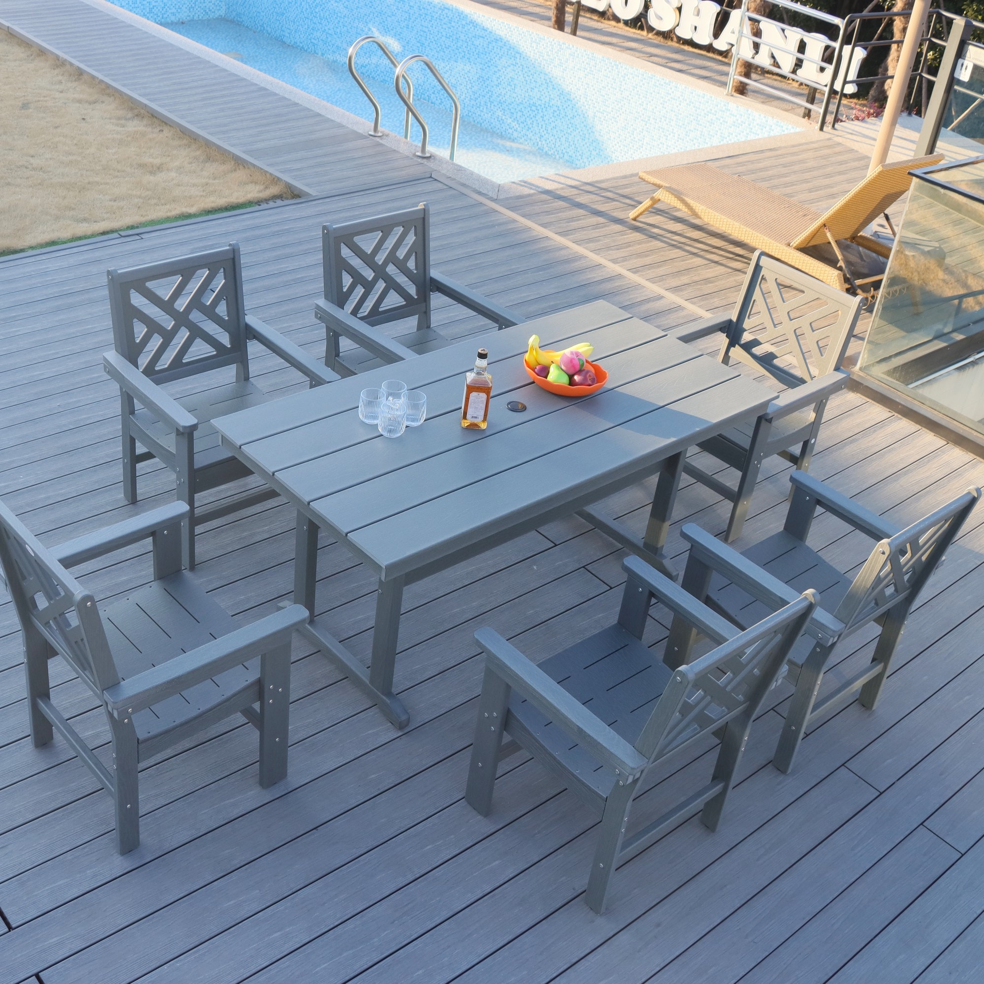 Mondawe MO-701PGY 7 -Piece Gray Patio Dining Set Resin Rectangle Table with 6 Stationary and Motion Chairs