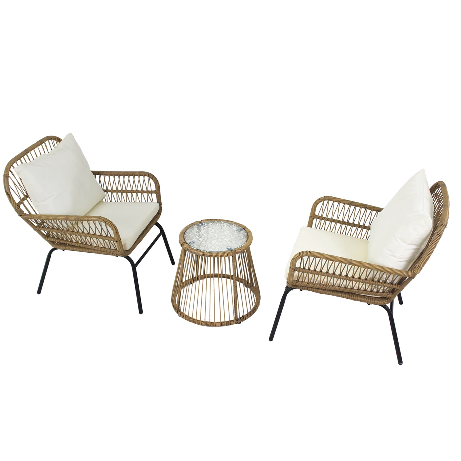 SINOFURN SYA990011BG 3 -Piece Rattan Patio Conversation Set with Off-white Cushions