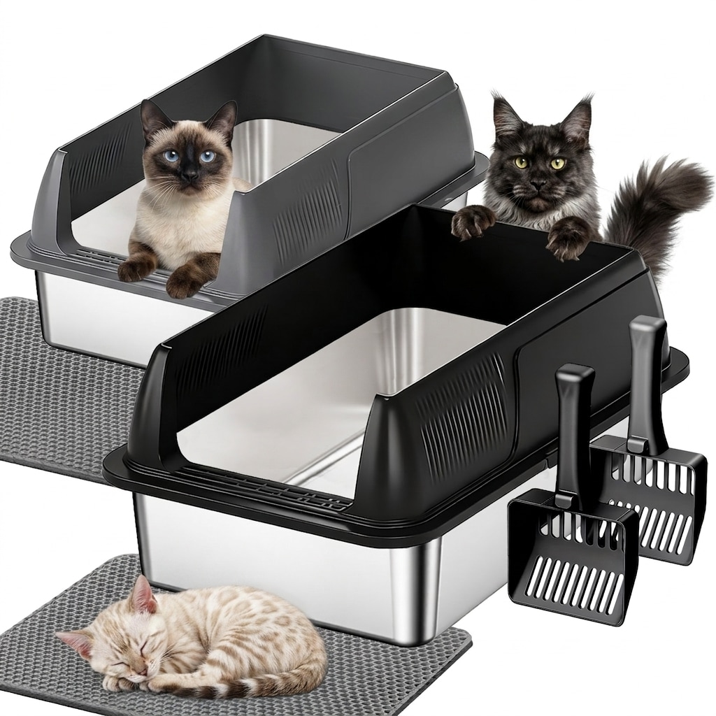 Gimars -  2 Pack XL Stainless Steel Cat Litter Box for Large and Senior Cats High Sided Metal Lit...