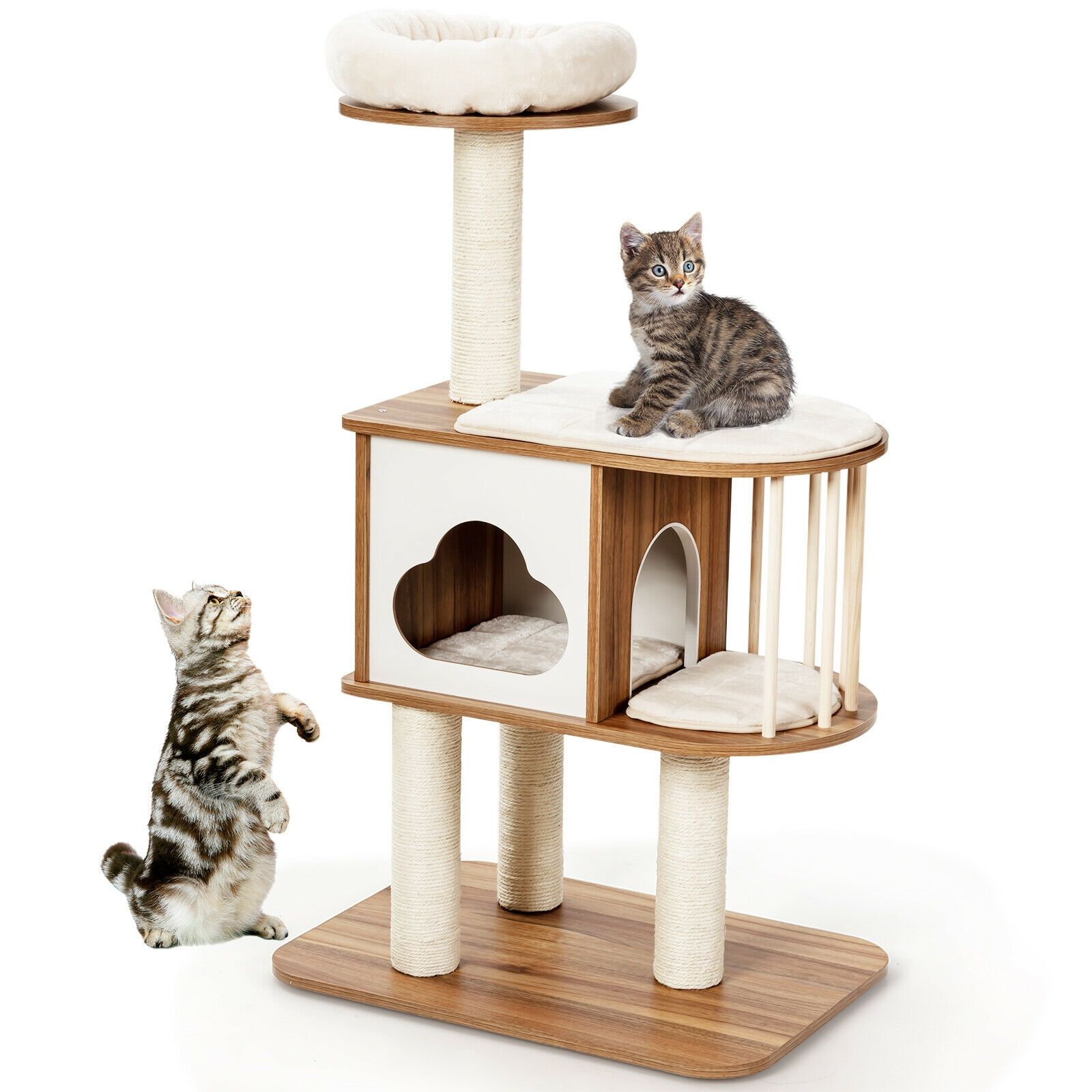 Slickblue - Multi-Level Brown Plush Cat Tree with Soft Cushions Climbing Platforms and Sisal for ...
