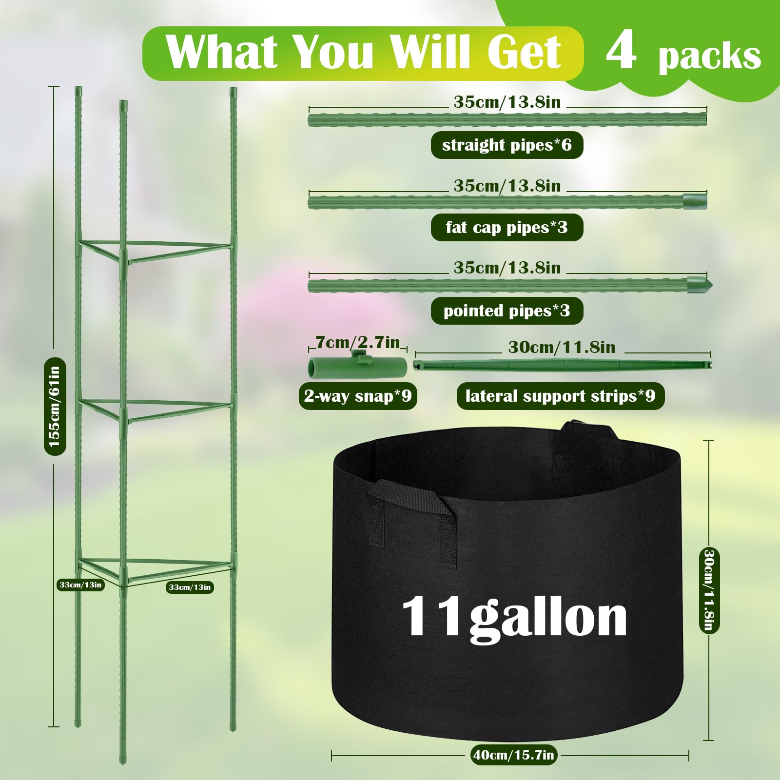 Vrbgify 4 Pack Tomato Cages 55 by 12 Inch with 11 Gallon Round Grow ...