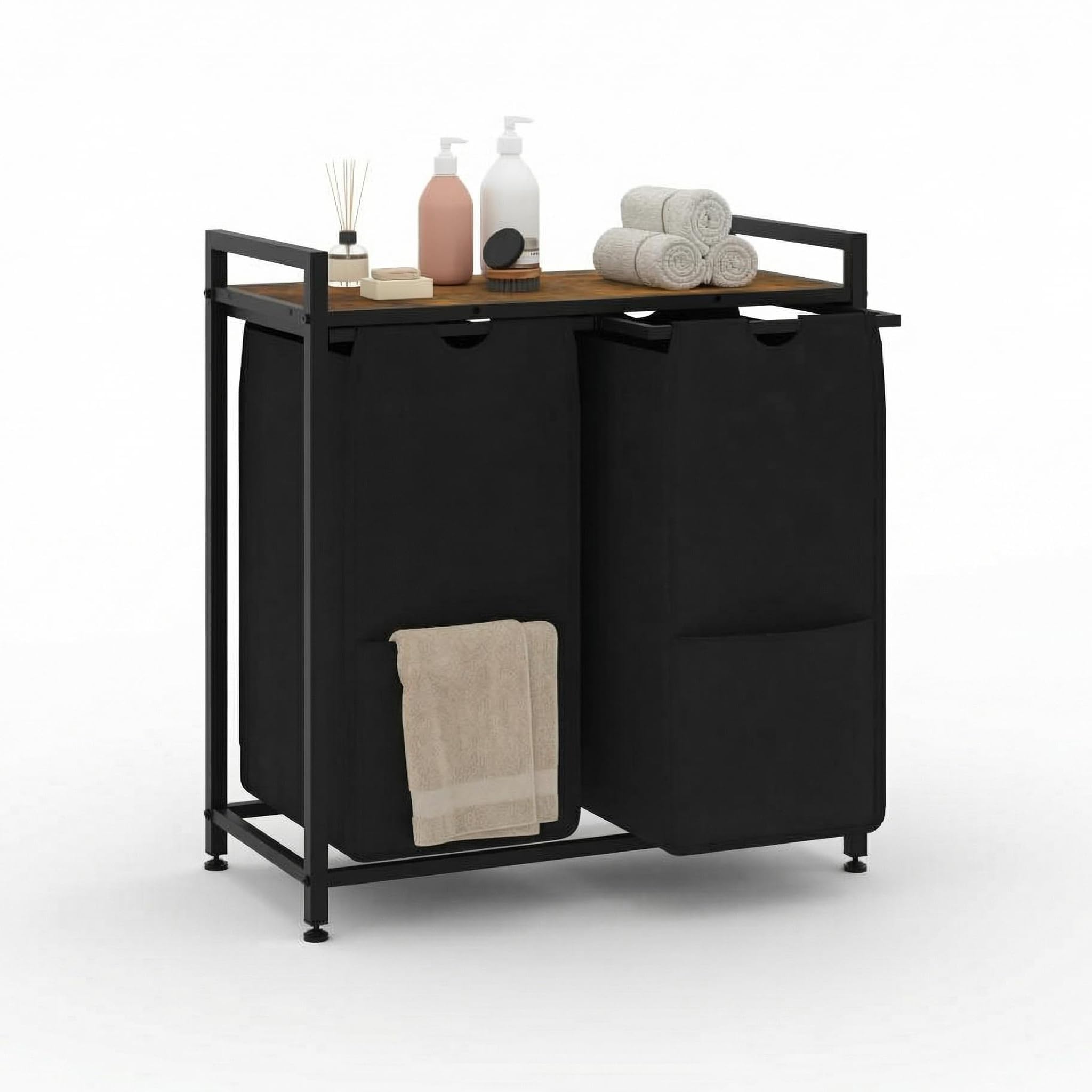 IdealHouse Laundry Hamper with Shelf and 2-Pull-Out Removable Bags - Movable Wheels and Metal Frame - 2 x 12.8 Gal Clothes Organizer for Bathroom Laundry Room Bedroom - Black