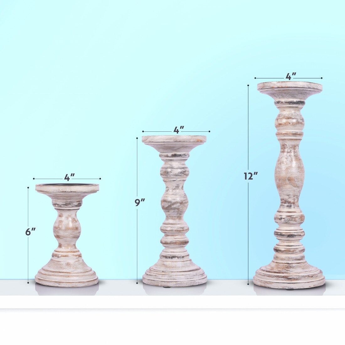 HomeRoots 4000473125 Set of Three Rustic White Genuine Wood Hand Carved Pillar Candle Holders