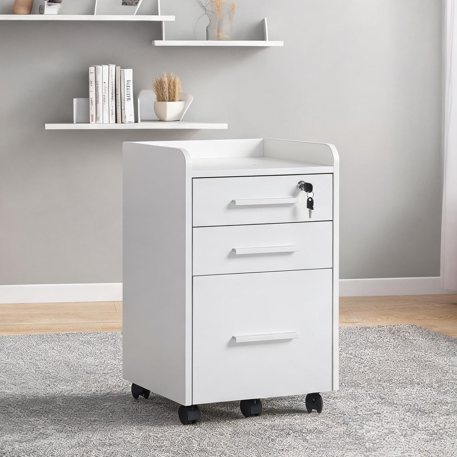 SunJet Mobile Locking Office File Cabinet with Wheels Crisp White Manufactured Wood 3-Drawer Under-Desk Storage