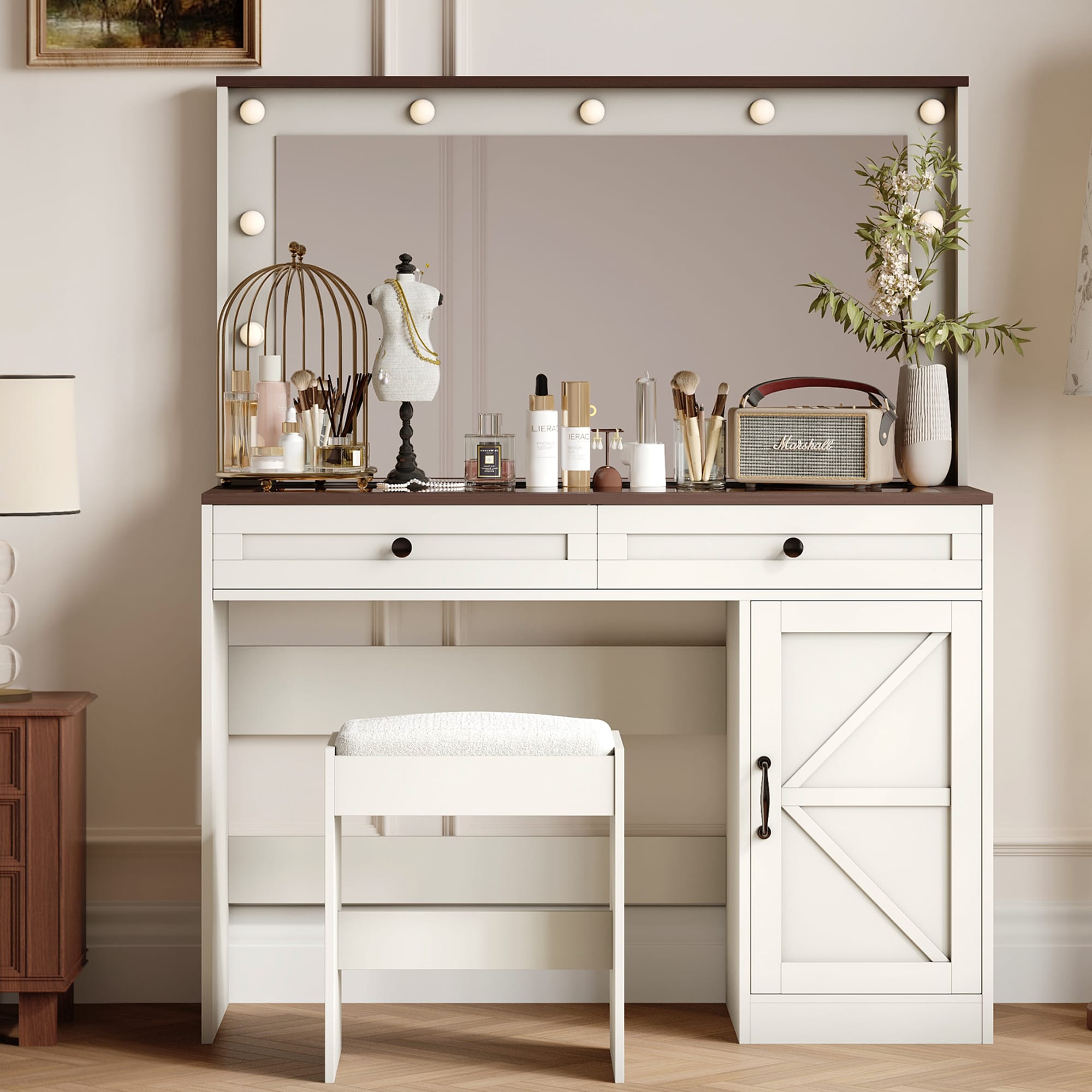 SINOFURN SYD250014WT 43.4-Inches White Makeup Vanity
