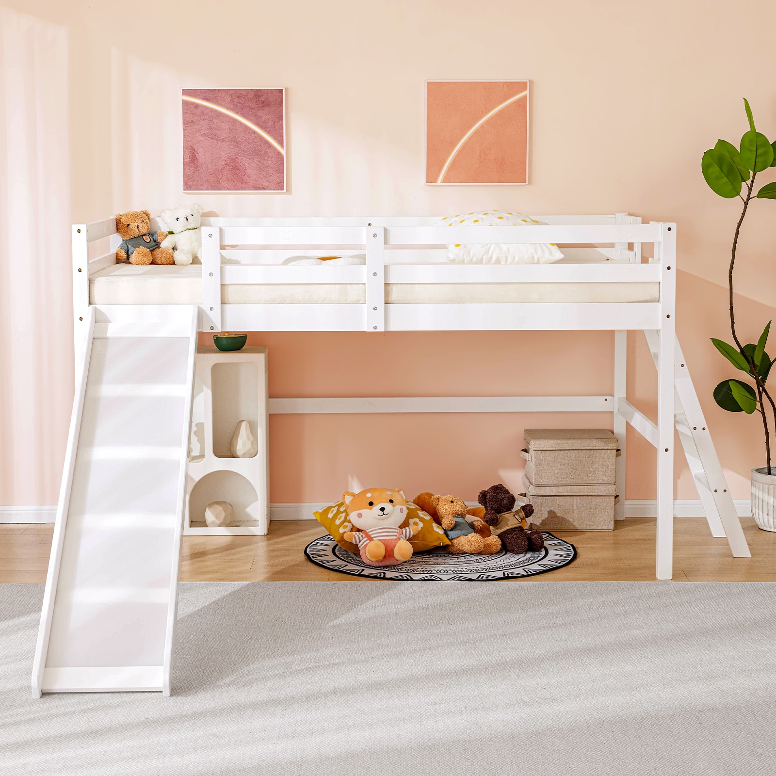 VINGLI LS-G52004117 Pine Wood Twin Loft Bed with Slide Guardrail and Ladder White