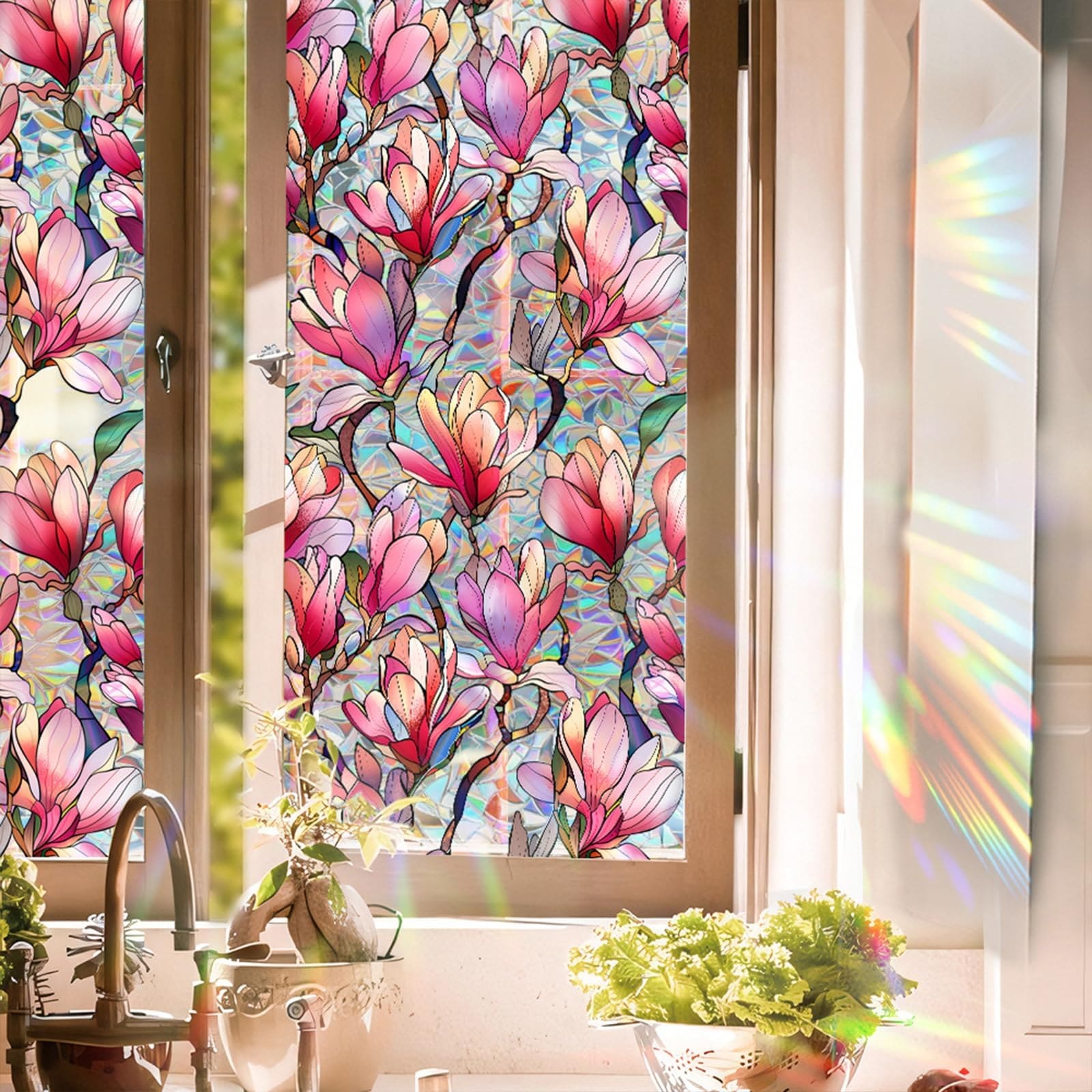 ITOPFOX Stained Glass Window Film UV Resistant Privacy Pink Floral ...