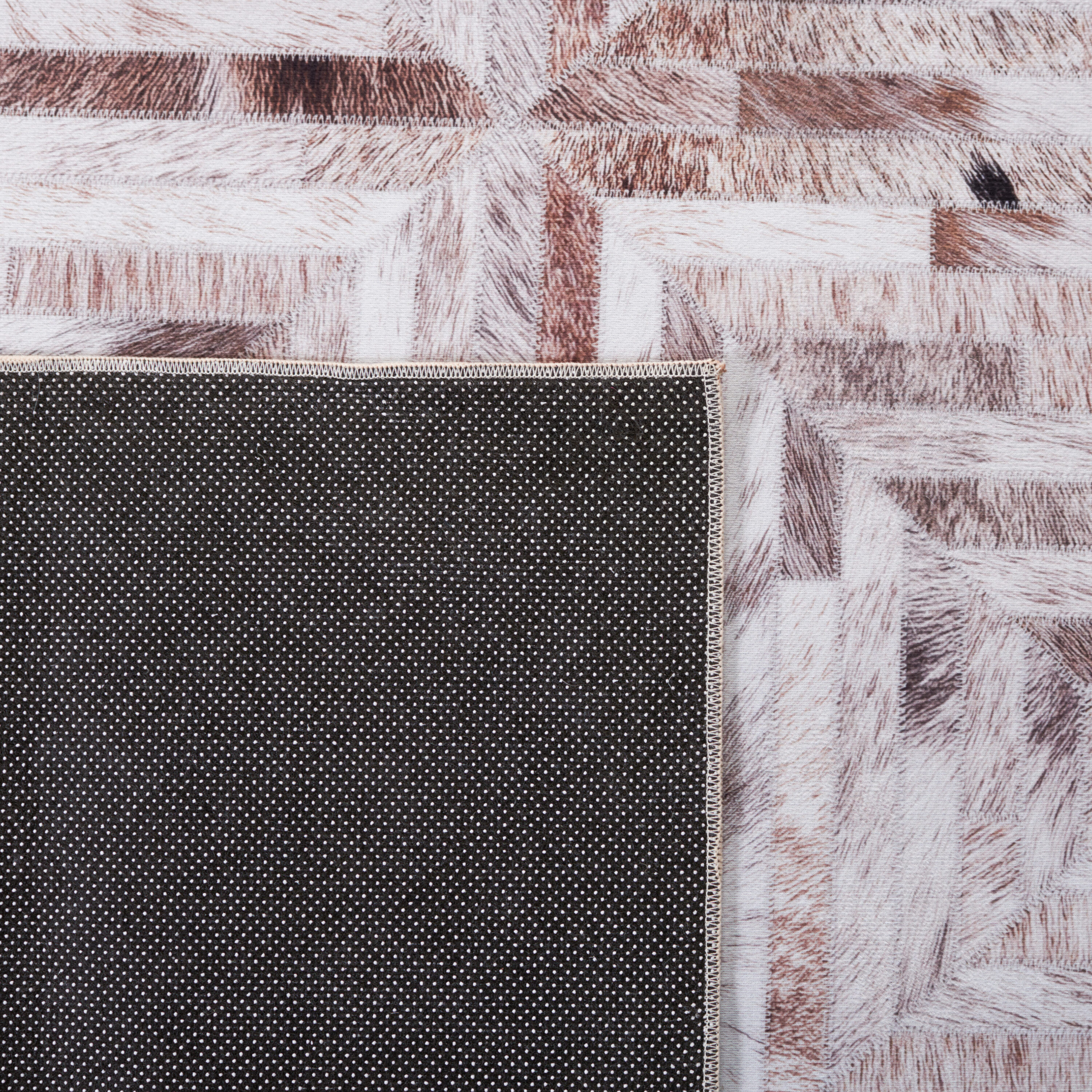 Beige and Brown Geometric Faux Fur 9' x 12' Rug