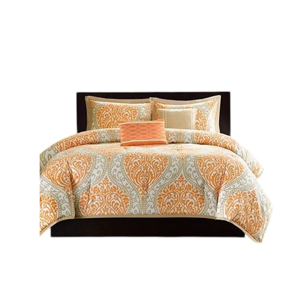Slickblue 4 Piece Orange Damask Print Twin Sized Comforter Set with Decorative Pillows for Bedroom Dorm or Guest Room