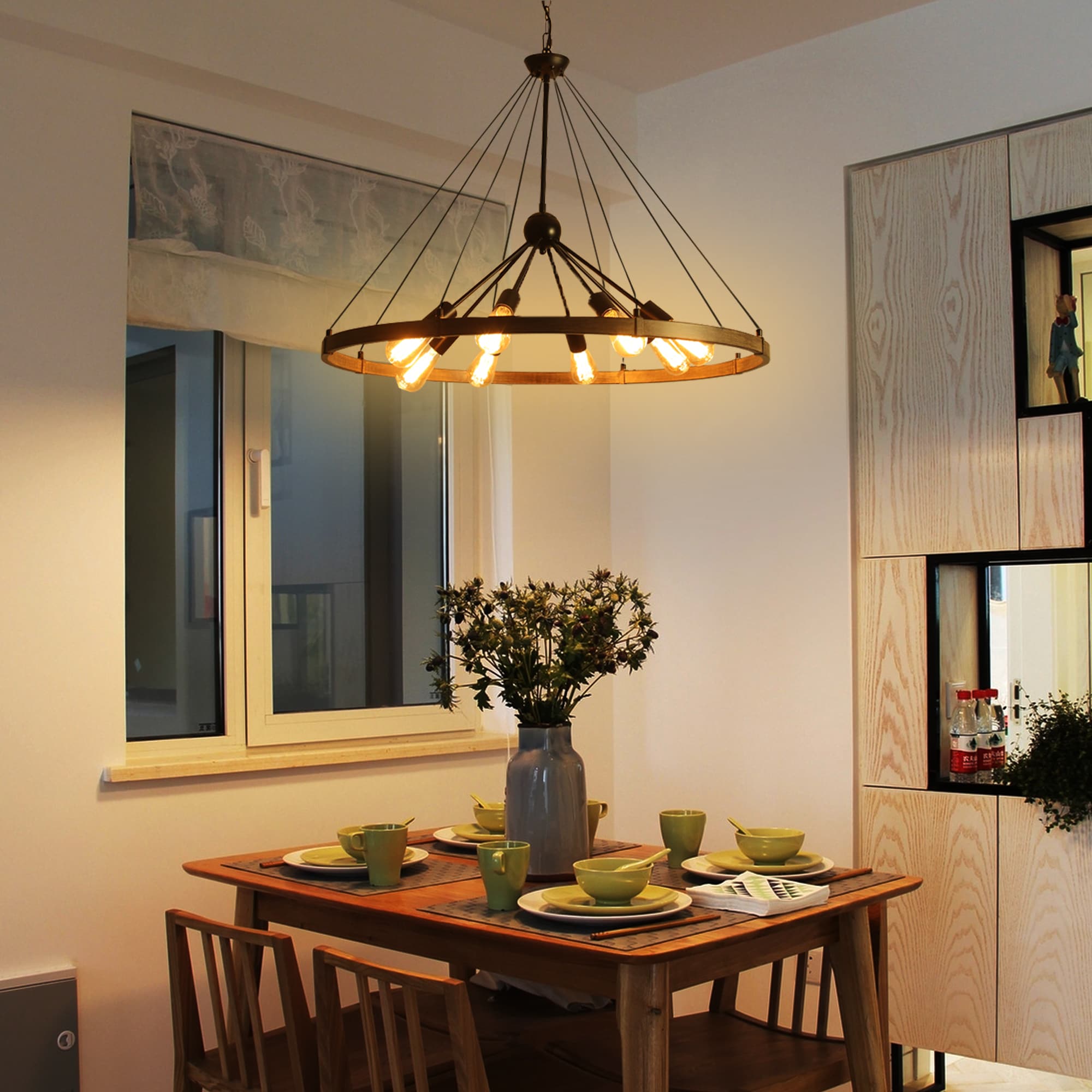 ADSENSTY 35.43inch 8 Light Matte Black And Brown Large Modern Wagon Wheel Satellite Sphere Chandelier