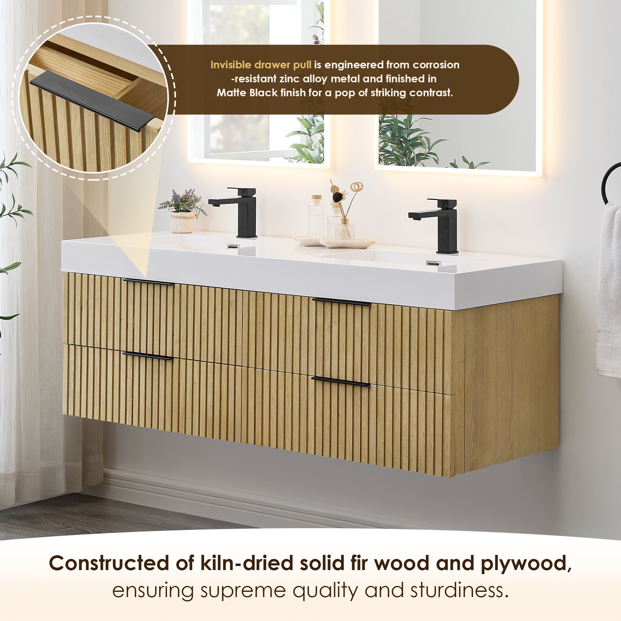 Livia 60" Nature Brown Fir Wood Wall-Mounted Vanity