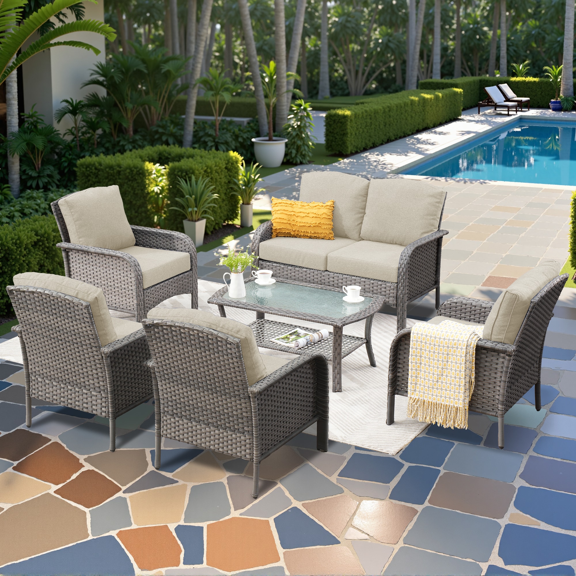 weaxty HMBYM307BRS603 Initial 6 -Piece Wicker Patio Conversation Set with Off-white Cushions