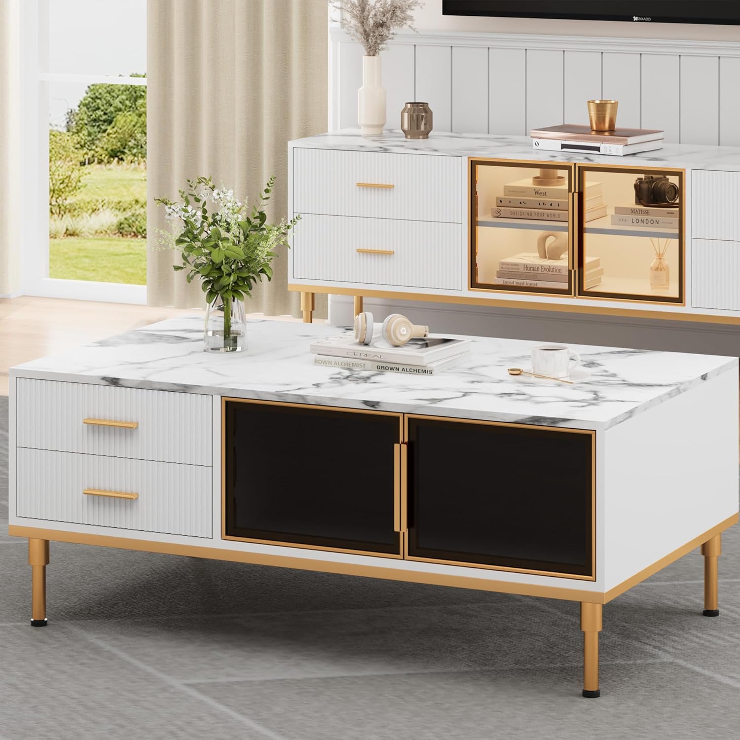 Qeetex LHF-BZ-PHO-33KCPCVW Sideboard Buffet Cabinet Modern Fluted Accent Credenza Storage Sideboard with Glass Doors and Adjustable Metal Legs Coffee Buffet for Living Room Dining Room Kitchen - White