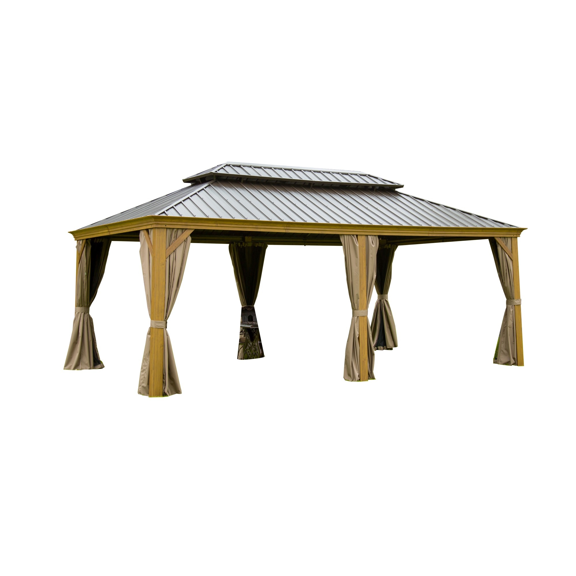 GDFStudio 334018 Aluminum Frame Galvanized Steel Roof 12x18ft Hardtop Gazebo with Curtains and Netting-Yellow Brown