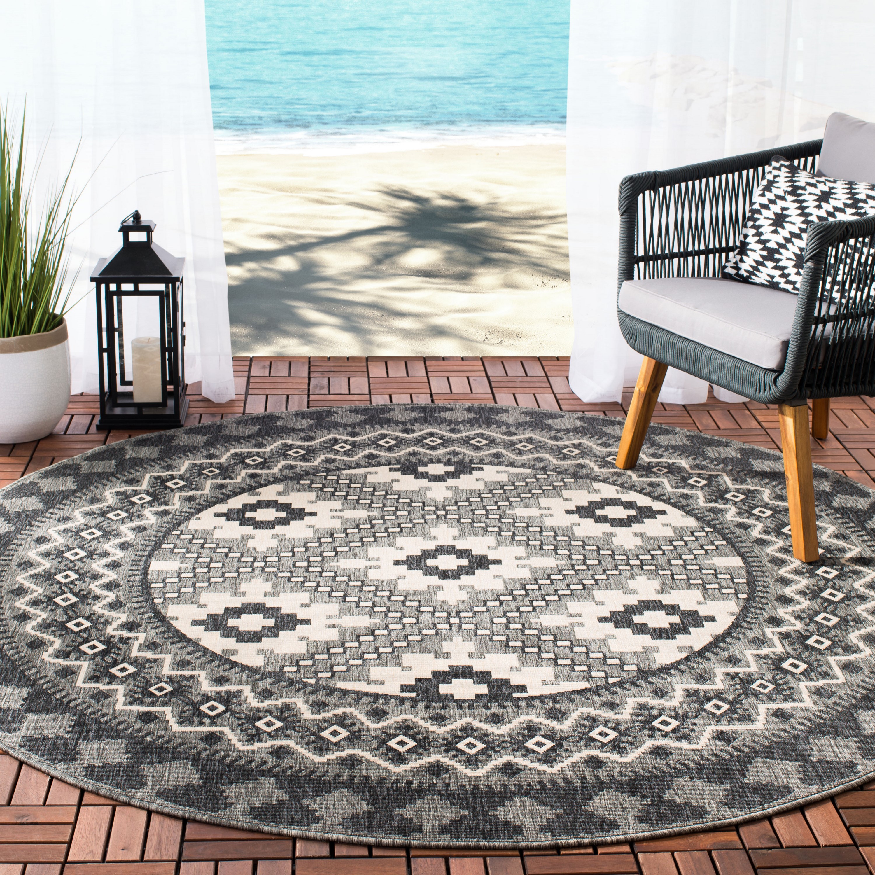 Safavieh VER099-3435-5R Veranda Eyvor 5 x 5 (ft) Loomed Synthetic Ivory/Charcoal Round Indoor/Outdoor Abstract Bohemian/Eclectic Area rug